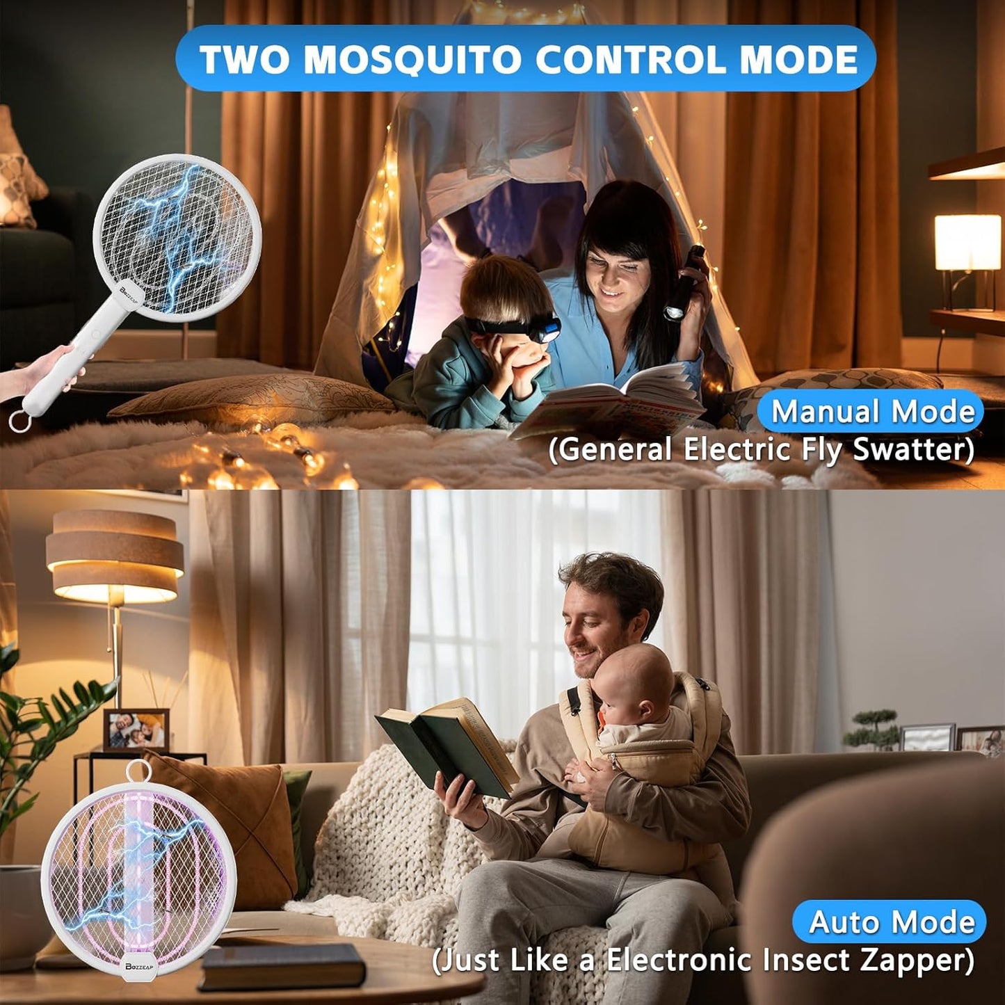 2 in 1 Electric Fly Swatter, 4000V Foldable Bug Zapper Racket, Rechargeable Mosquito Racket with UV Light Trap, Electronic fly zapper with 3 Layer Safety Mesh for Indoor and Outdoor, USB C, Dual Modes