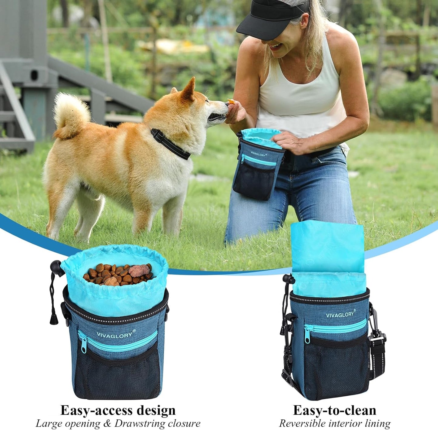 VIVAGLORY Dog Training Treat Pouch, 4Ways to Wear Dog Treat Bags, Built in Dog Waste Bag Dispenser Treats Training Bags with Reflective Adjustable Shoulder Strap, Heather Blue
