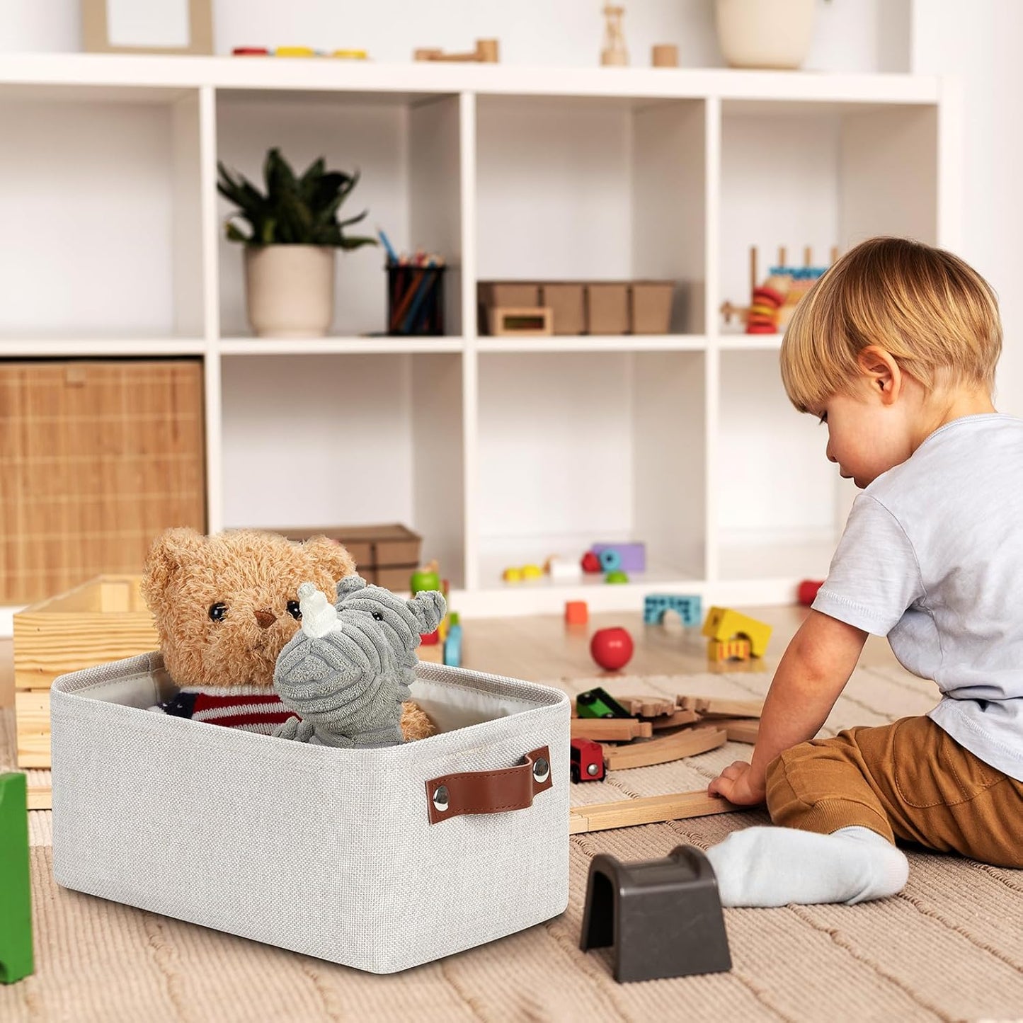 DULLEMELO Storage Baskets for Shelves, Fabric Collapsible Rectangular Storage Bins for Shelves, Closets, Nursery, Home, Office, Empty Gift Baskets (White&Teal)