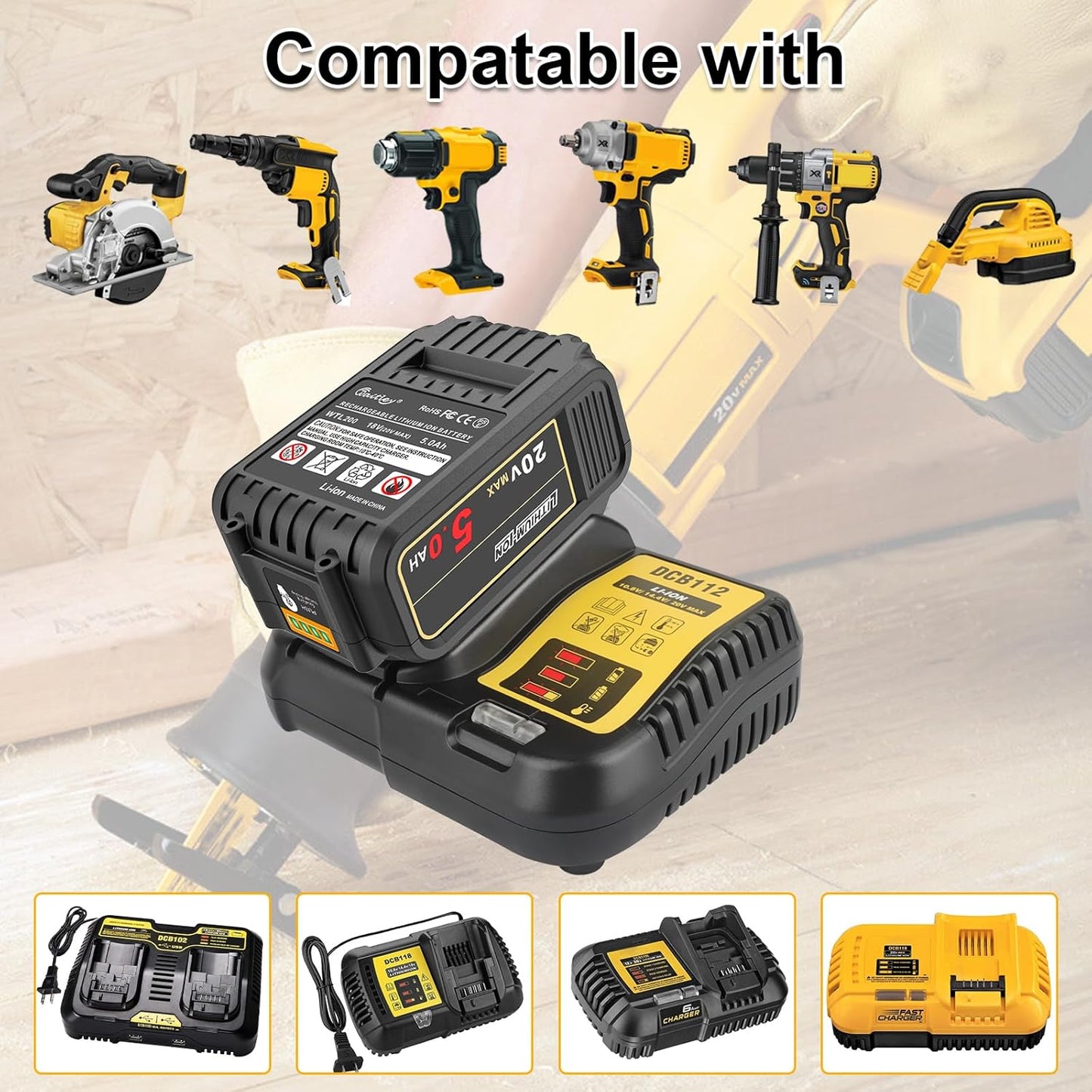 AMICROSS 2 Pack 20V 5000mAh Battery Replacement for Dewalt 20V Battery Compatible with DCB206 DCB200 DCB201 DCB204 20 Volt Lithium-Ion MAX DCD/DCF/DCG Series Cordless Tools & Chargers DCB112 DCB115