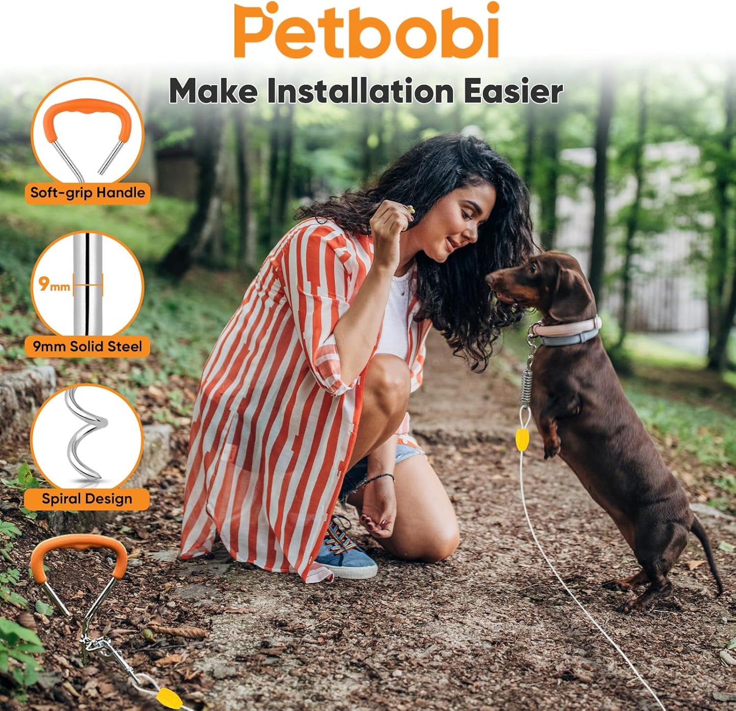 Petbobi Dog Tie-Out Cable and Stake - 30ft Heavy Duty Cable with Spring, No Tangle, 16in Ground Stake, Ideal for Yard, Camping and Beach, Suitable for Small Medium Large Dogs Up to 120 lbs, Blue