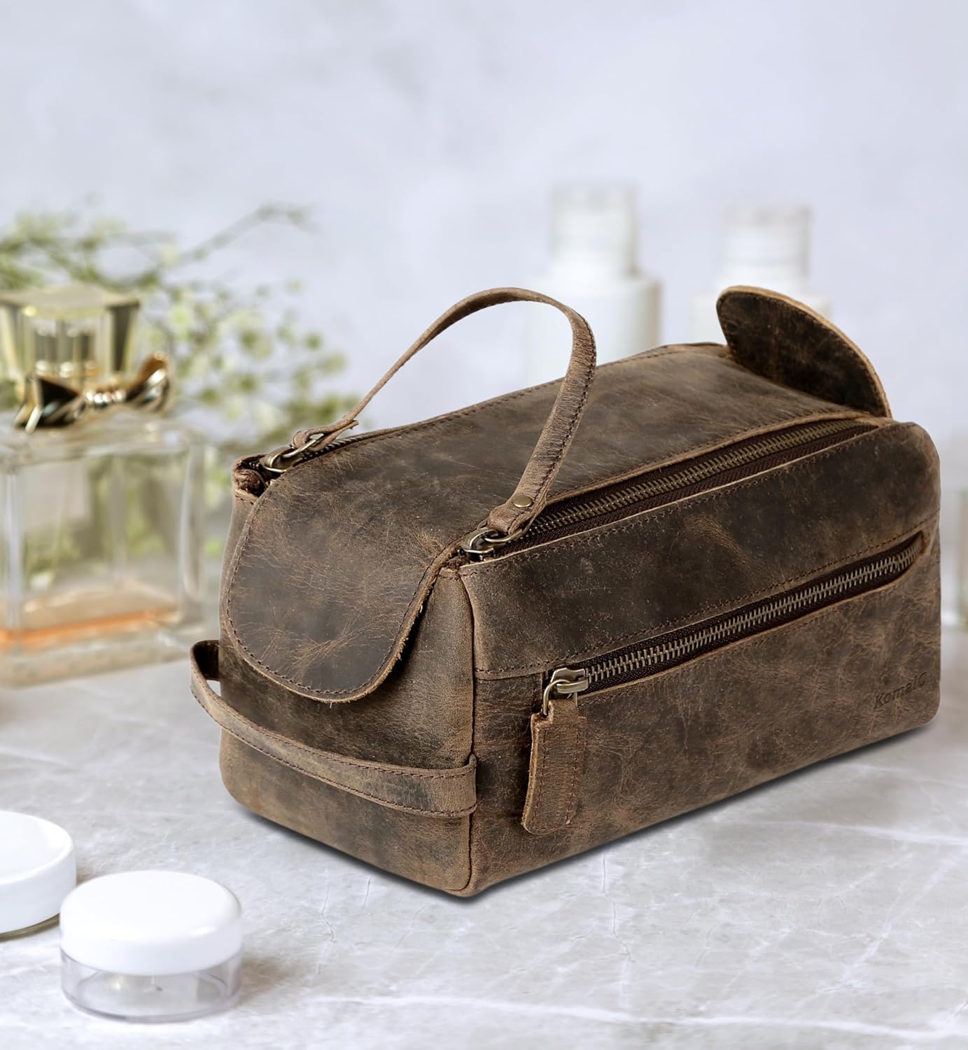 Premium Buffalo Leather Unisex Toiletry Bag Travel Dopp Kit Shaving kit (Distressed Tan)