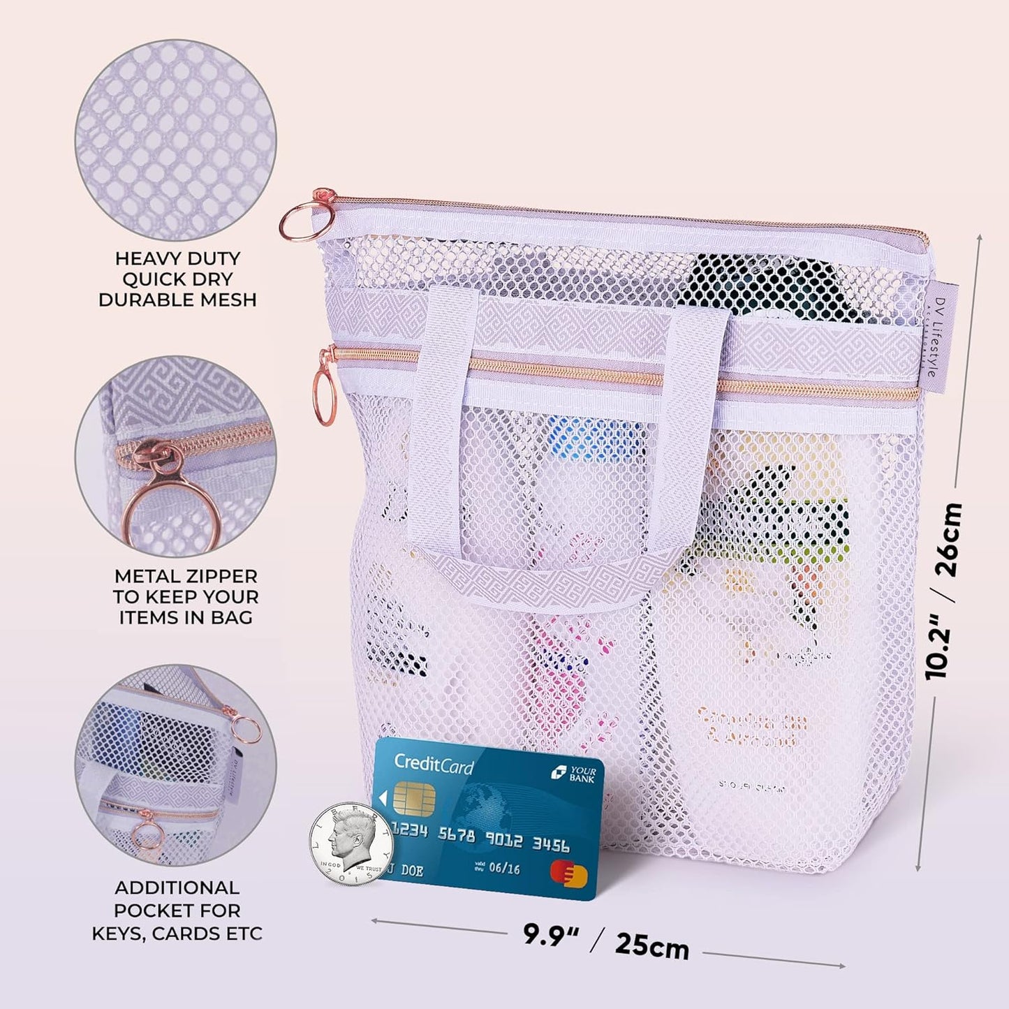 Mesh Shower Caddy Portable 10.2x9.9'' Shower Bag with Zipper & 2 Pockets. Shower Tote Ideal for Gym, Travel, Camp, Beach, for Sunscreen, Dorm & College Essentials (Black)