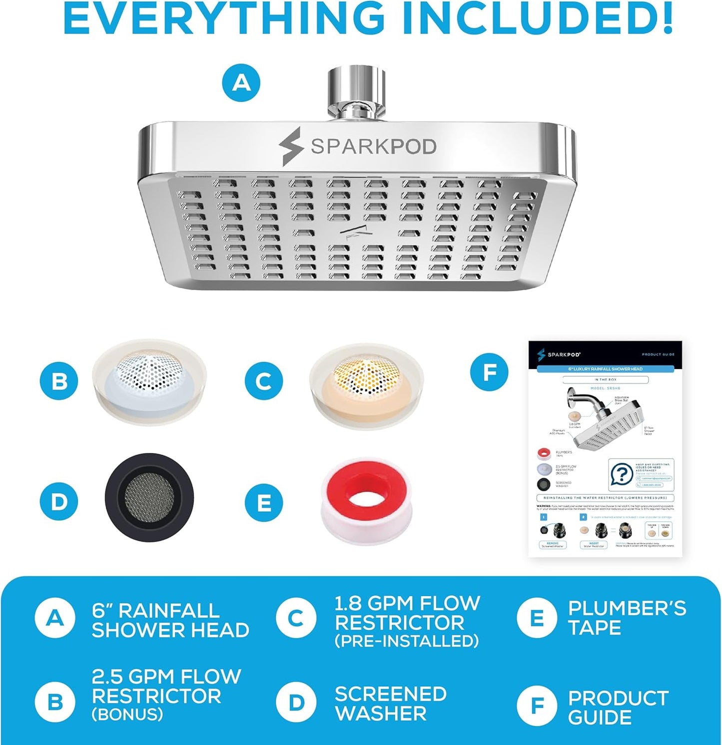 SparkPod Shower Head - High Pressure Rain - Premium Quality Luxury Design - 1-Min Install - Easy Clean Adjustable Replacement for Your Bathroom Shower Heads (Luxury Polished Chrome, 6 Inch Round)