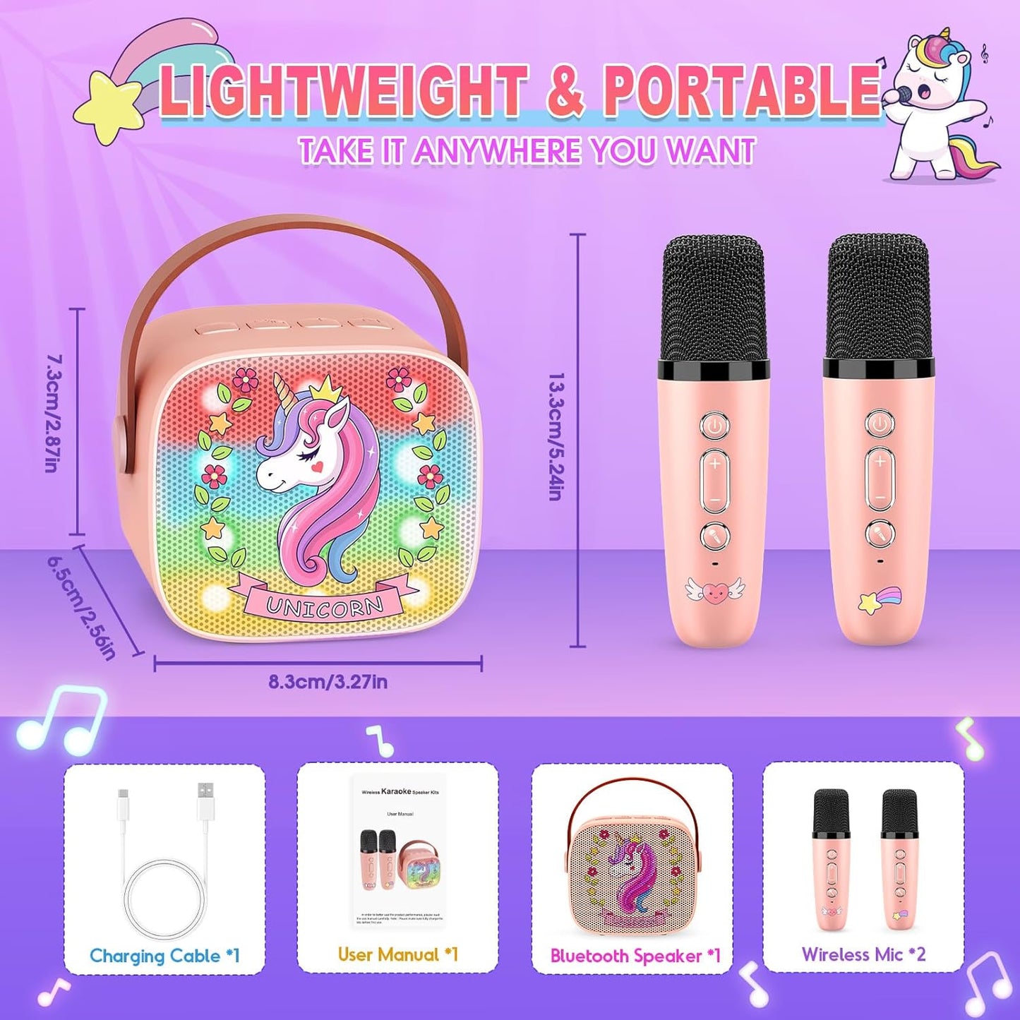 Mini Karaoke Machine for Kids, Exssary 3 4 5 6 7 8-12 Year Old Girl Gifts Portable Bluetooth Speaker with 2 Wireless Microphone Unicorn Toys Birthday Gifts for Girls Kids Teens (Pink)