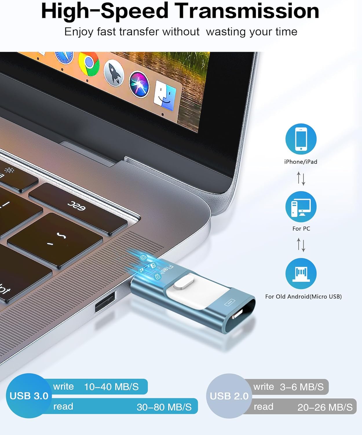 256GB Flash Drive for iPhone Photo Stick, Thumb Drive USB Stick High Speed Transfer USB Drives External Picture Video Storage Memory Expansion for iPhone/iPad/PC (Blue)