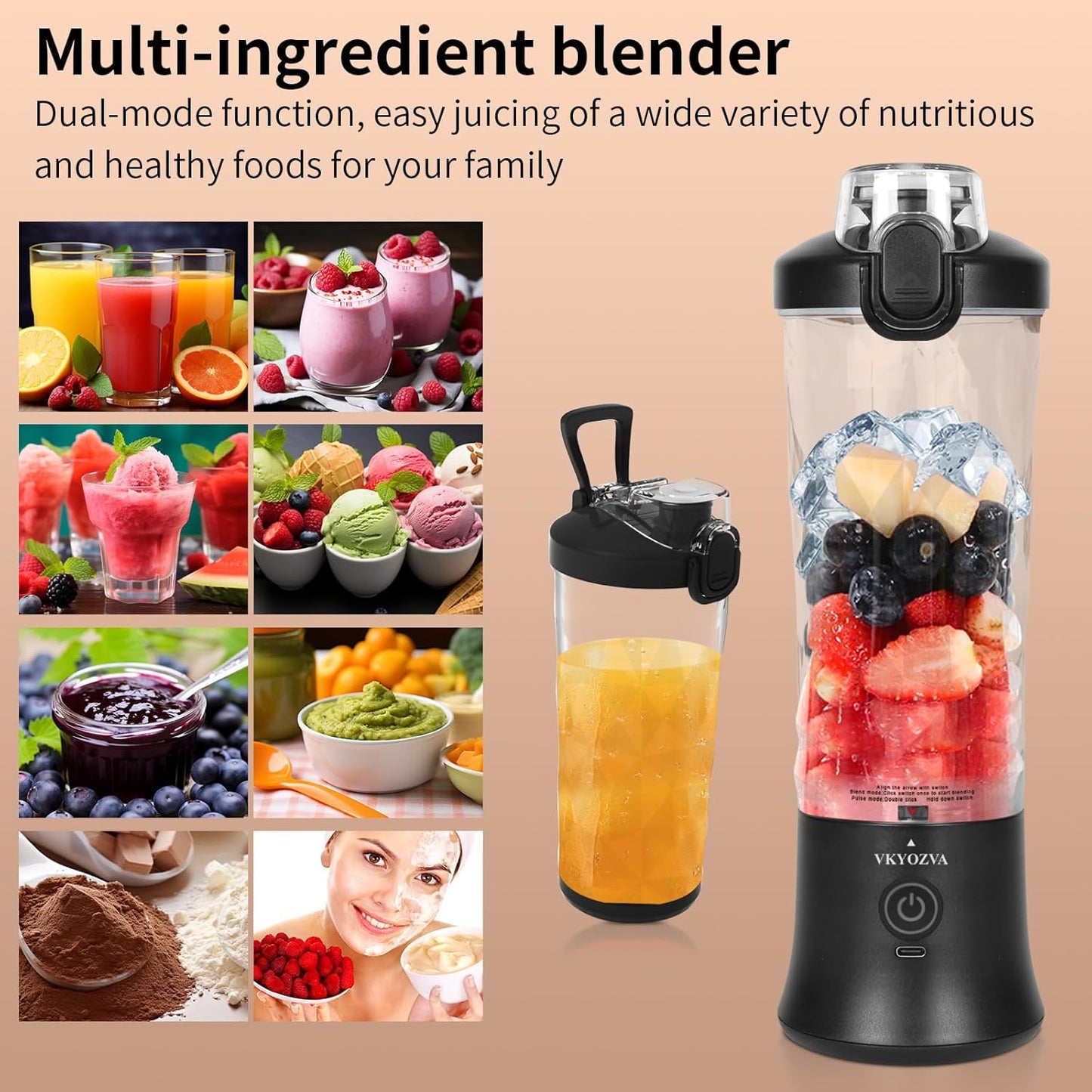 VKYOZVA Portable Blender, 20 Oz Travel Blender USB-C Rechargeable with 6 -leaf Stainless Steel Blades, BPA Frees, Personal Blender for Shakes and Smoothies,Suitable for Family Travel Gyms, Black