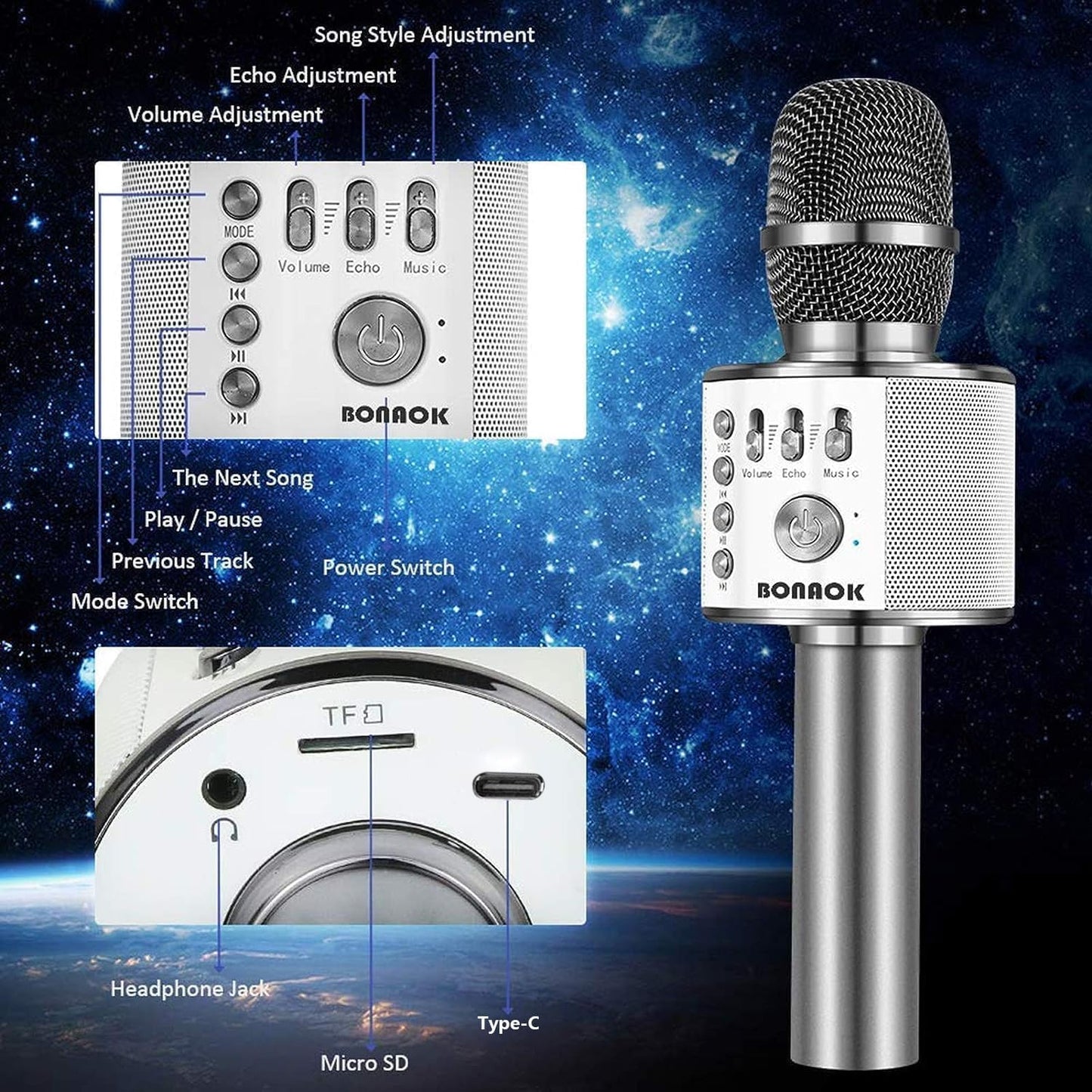 BONAOK Wireless Bluetooth Karaoke Microphone,3-in-1 Portable Instrument Wireless Microphone Mic Speaker Machine Home Party Birthday for All Smartphones(Black)