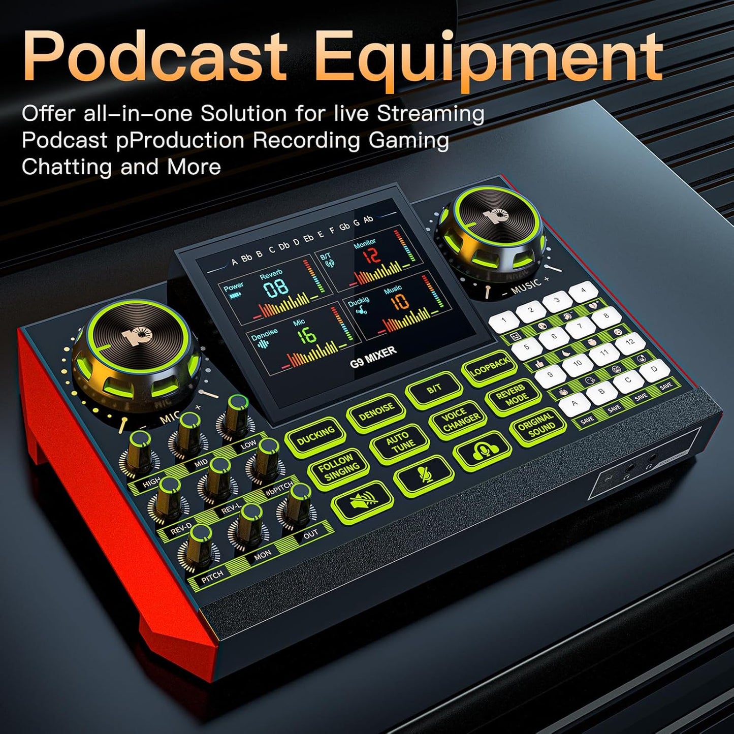 Tenlamp G9 Podcast Audio Mixer, Compatible with 3.5mm Microphones, Live Sound Card for PC/Phone Streaming Content Creators, with Noise Reduction and One-Touch Mute