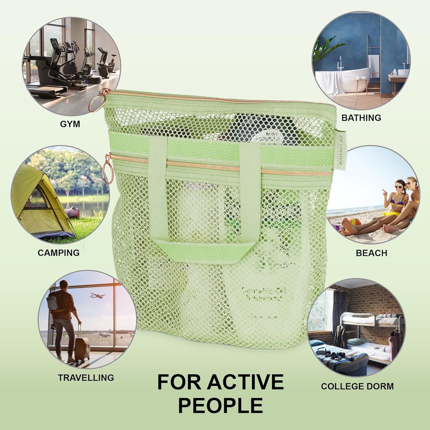 Mesh Shower Caddy Portable 10.2x9.9'' Shower Bag with Zipper & 2 Pockets. Shower Tote Ideal for Gym, Travel, Camp, Beach, for Sunscreen, Dorm & College Essentials (Black)