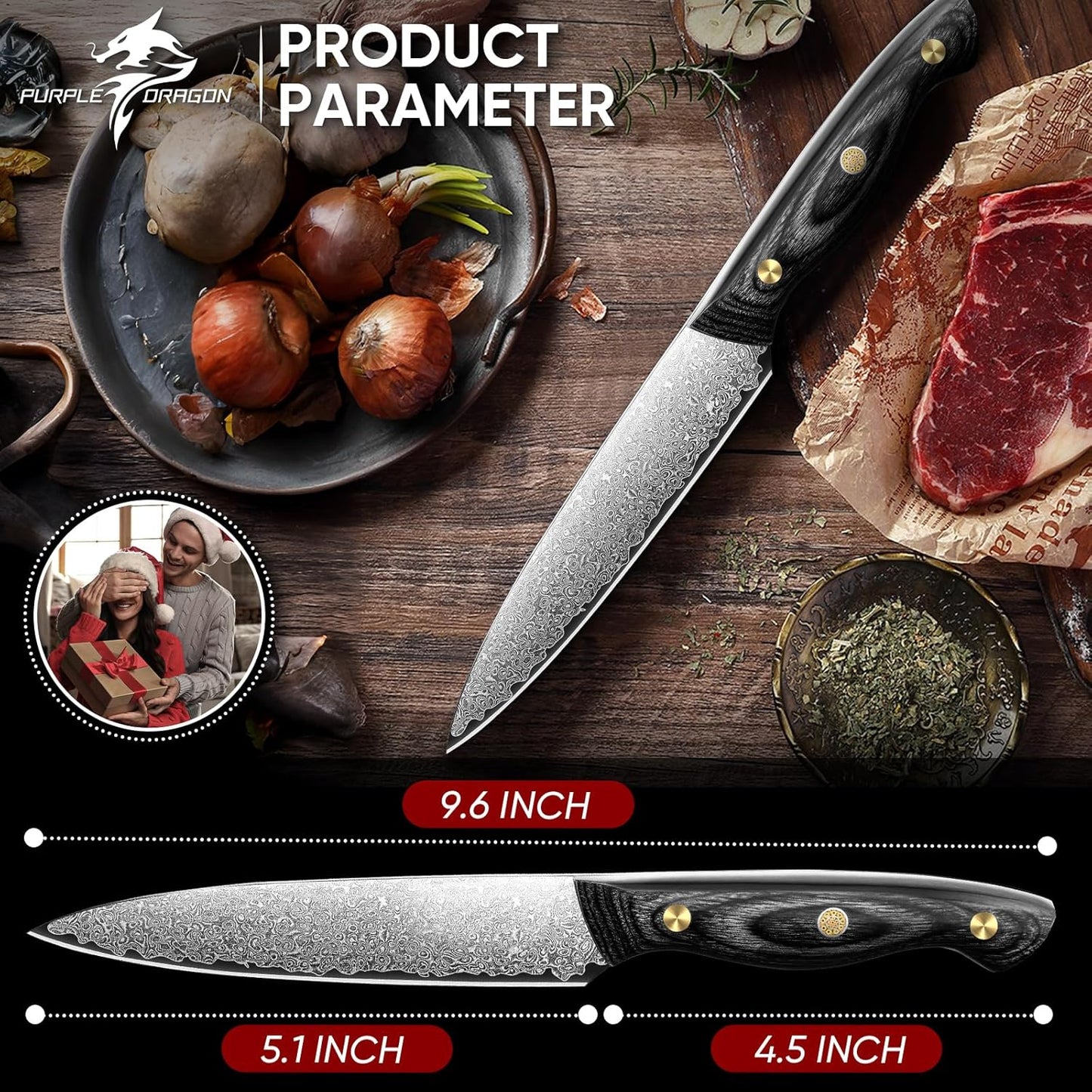 Purple Dragon Damascus Fish Fillet Knife - 7 inch Flexible Boning Knife with VG10 Core, Kitchen Slicing Knife with Full Tang Handle, Birthday Dad Mom Gift