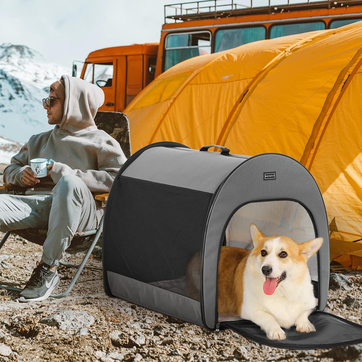 PETSFIT Soft Sided Dog Crate, Travel Dog Crate - 19 Inch Lightweight, Roomy, Easy to Set Up, Sturdy Portable Dog Kennel with Thick Mat, Navy Blue