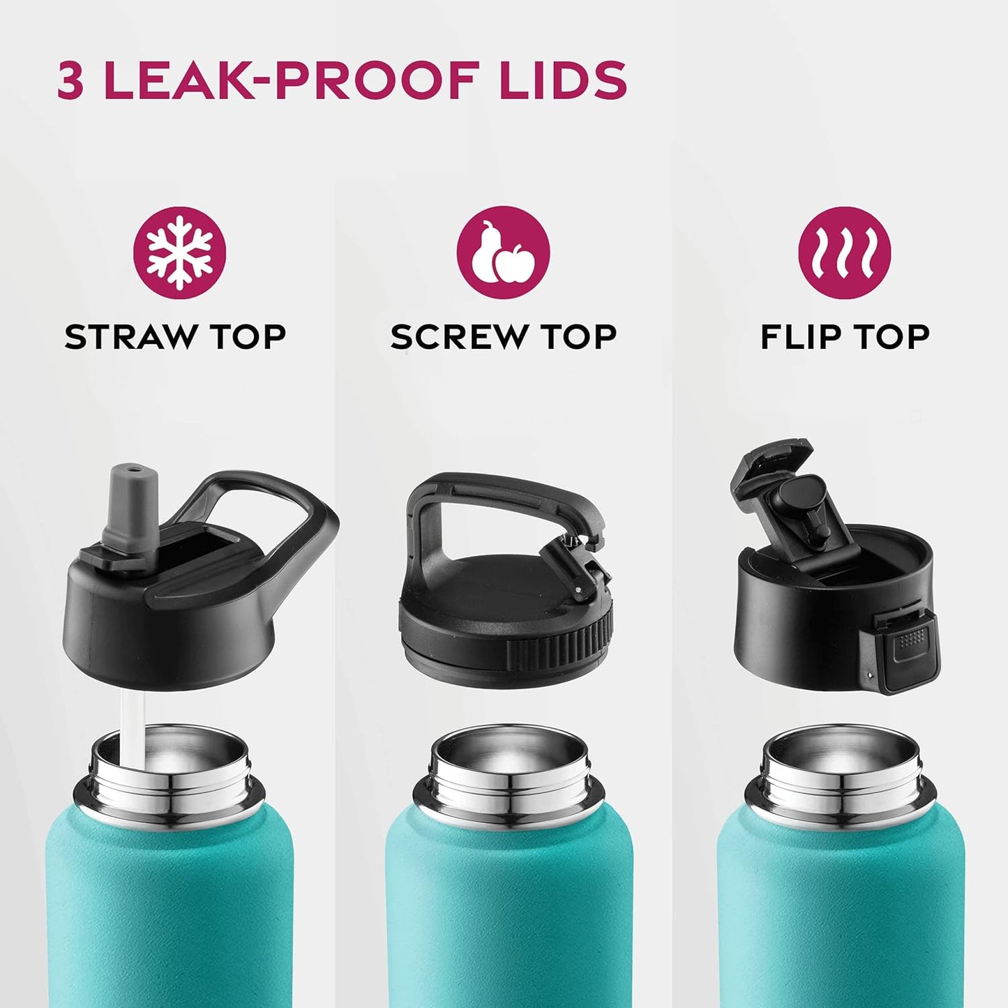 FineDine Water Bottle - Stainless Steel Insulated Water Bottle with Straw Lid, Flip Lid & Wide-Mouth Cap - Keeps Hot and Cold - 25 Oz / 739ml - Pure Pearly White