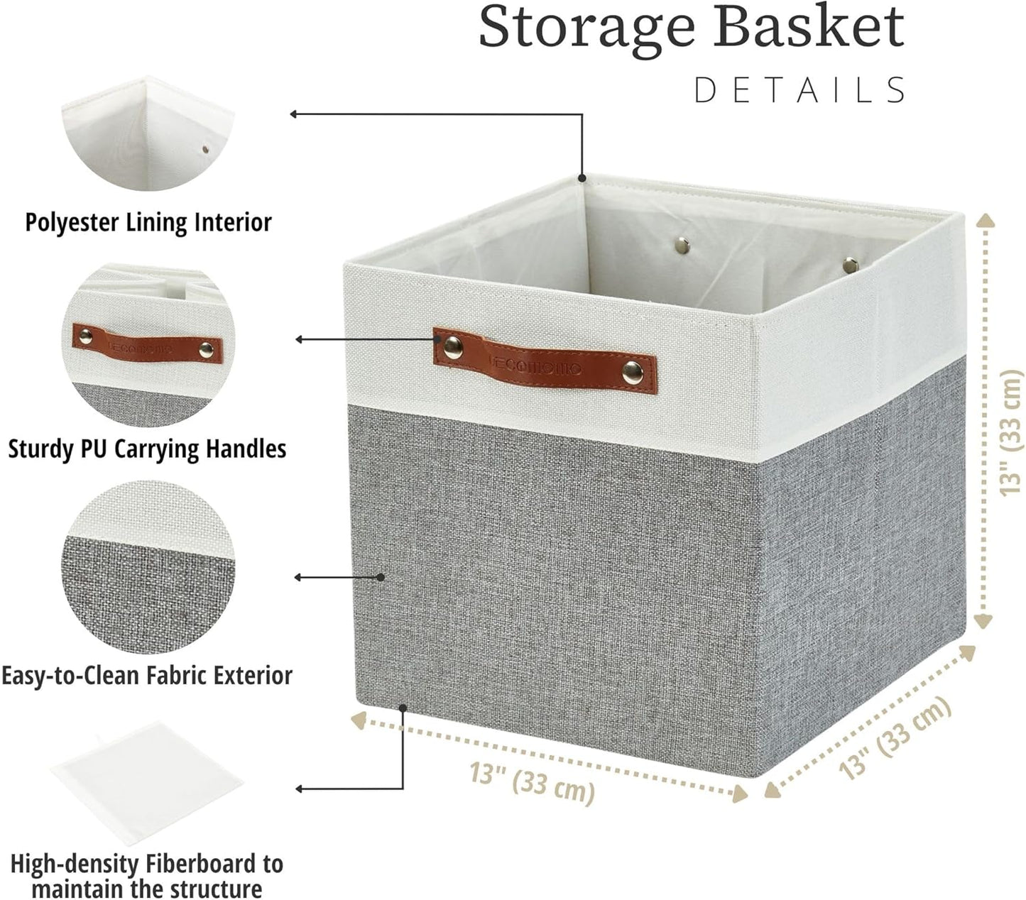 DECOMOMO Fabric Cube Storage Bin - Storage Baskets for Shelves, Kallax (Grey & White, 13 inch Cube) - 4 Pack
