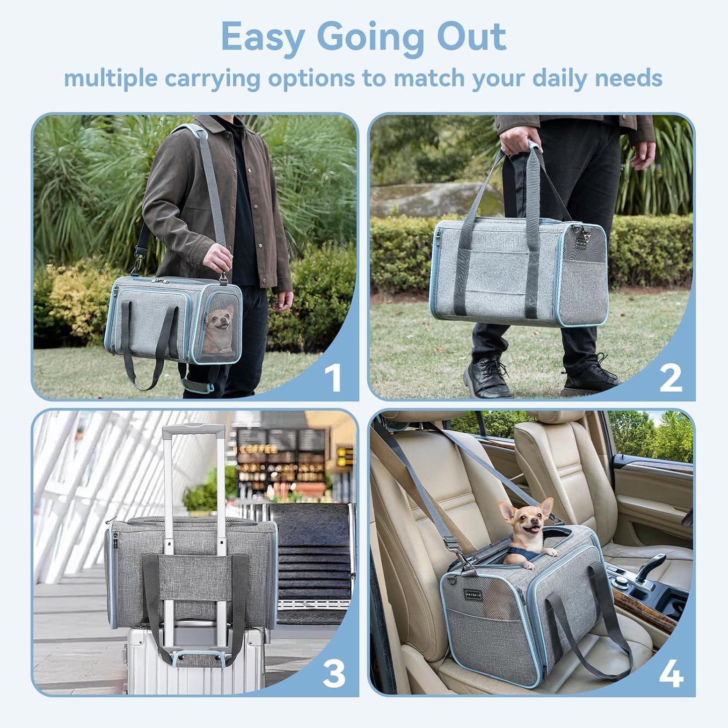 Petsfit Expandable Cat Dog Carrier Airline Approved, 17" L x 11" W x 11" H Soft-Sided Portable Pet Travel Carrier for Kitten, Puppy, Removable Soft Plush Mat and Pockets, Auto-Locking Zippers