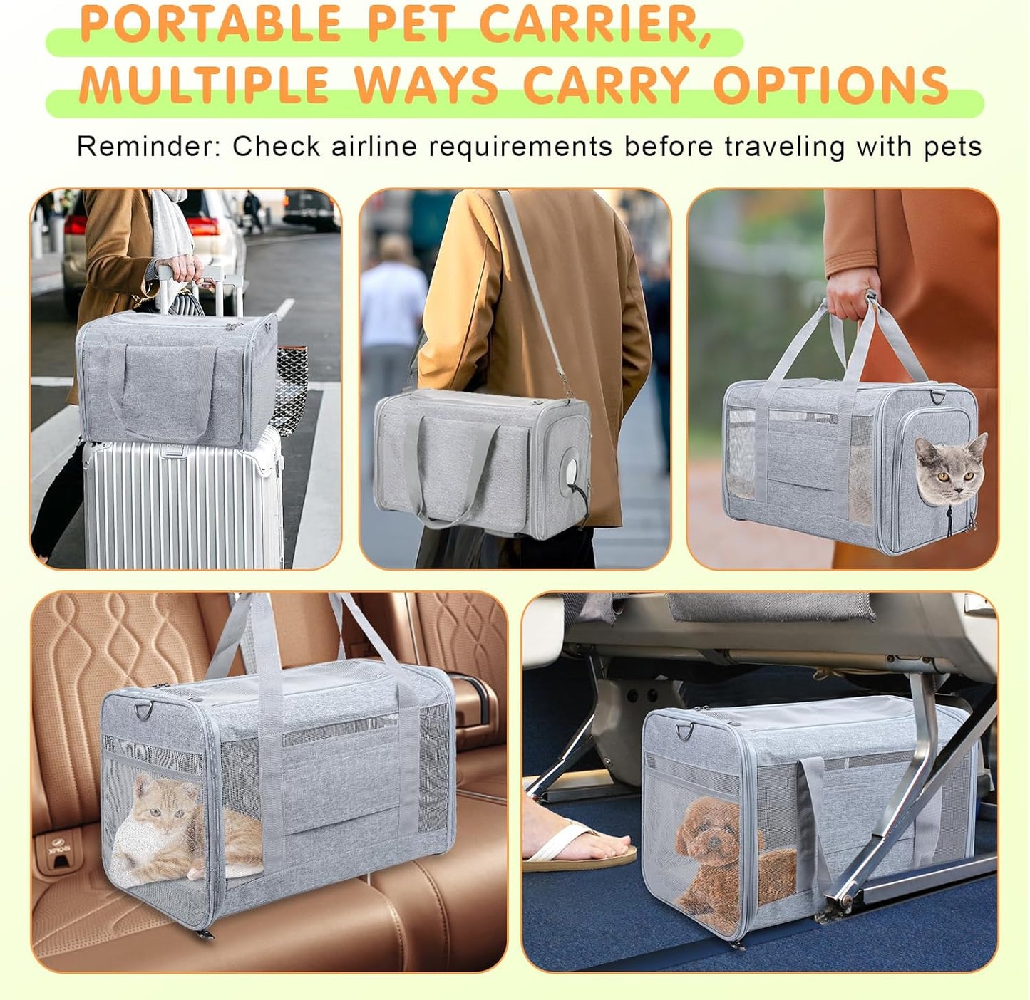 Qoosea Pet Carrier, Suitable for Small Medium Cat Dog Puppy, Soft-Sided Collapsible, Ventilated Windows, Portable Travel Cat Dog Bag (Grey)