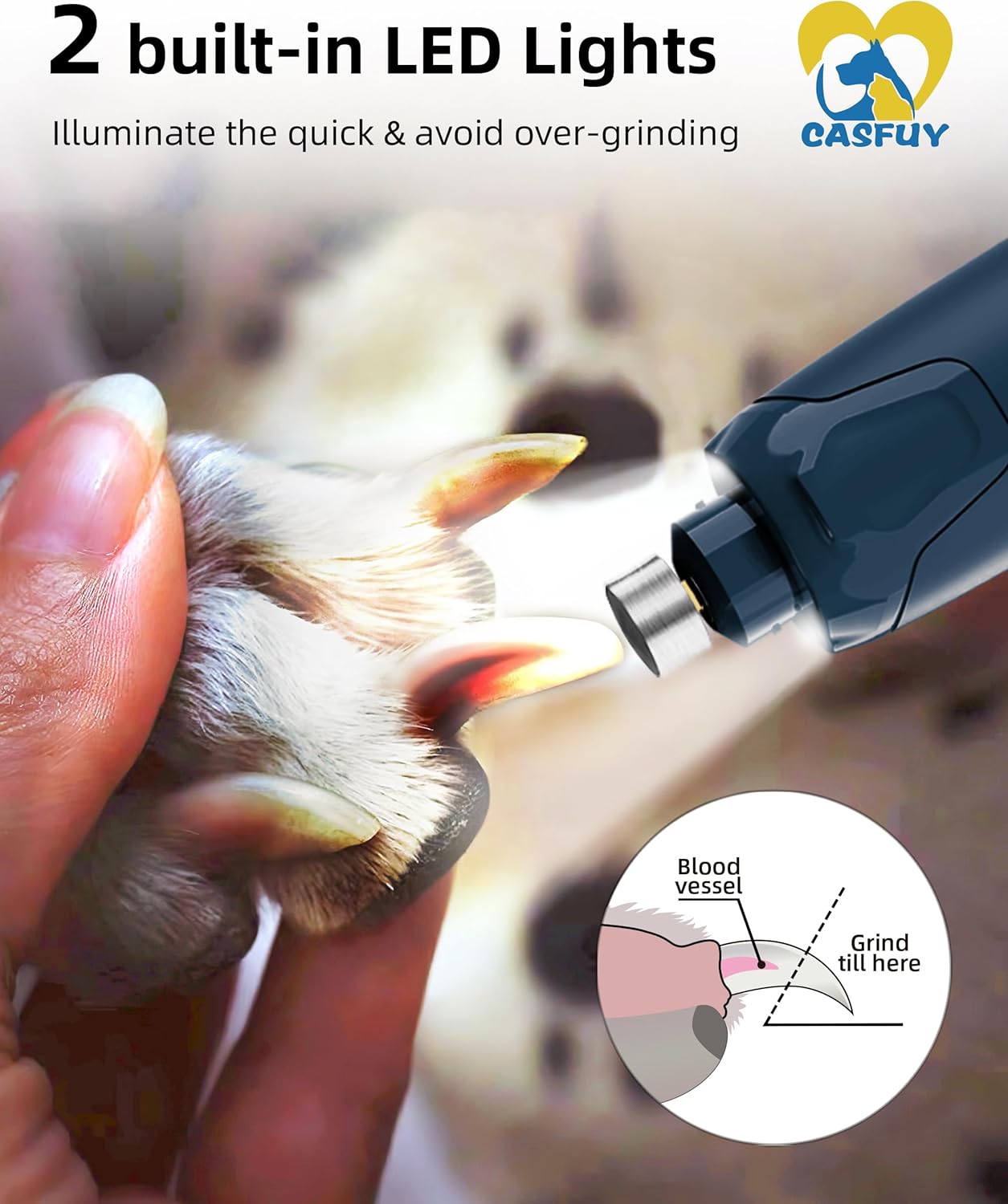 Casfuy Dog Nail Grinder Quiet - (45db)6-Speed Pet Nail Grinder with 2 LED Lights for Large Medium Small Puppy Dogs/Cats, Professional 3 Ports Rechargeable Electric Dog Nail Trimmer with Dust Cap(Blue)