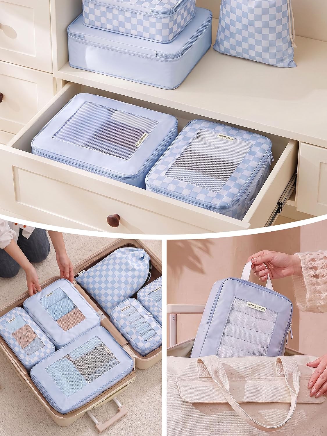 HOMESPON 7 Pcs Compression Packing Cubes for Travel, Blue Checkerboard