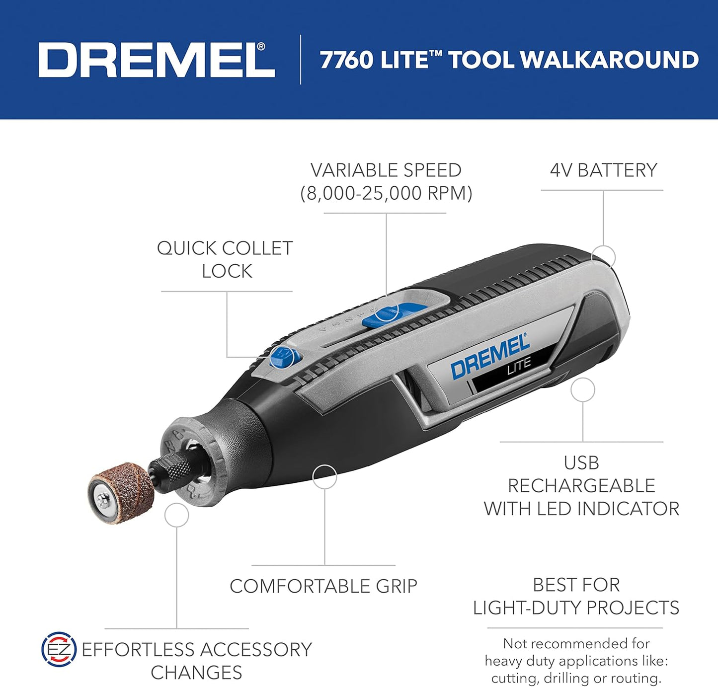 Dremel Lite 7760 N/10 4V Li-Ion Cordless Rotary Tool Variable Speed Multi-Purpose Rotary Tool Kit, USB Charging, Easy Accessory Changes - Perfect for Light-Duty DIY & Crafting