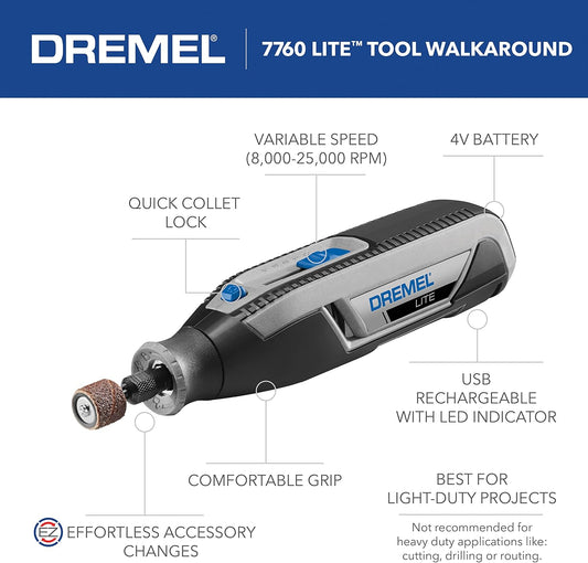 Dremel Lite 7760 N/10 4V Li-Ion Cordless Rotary Tool Variable Speed Multi-Purpose Rotary Tool Kit, USB Charging, Easy Accessory Changes - Perfect for Light-Duty DIY & Crafting - PuriLite