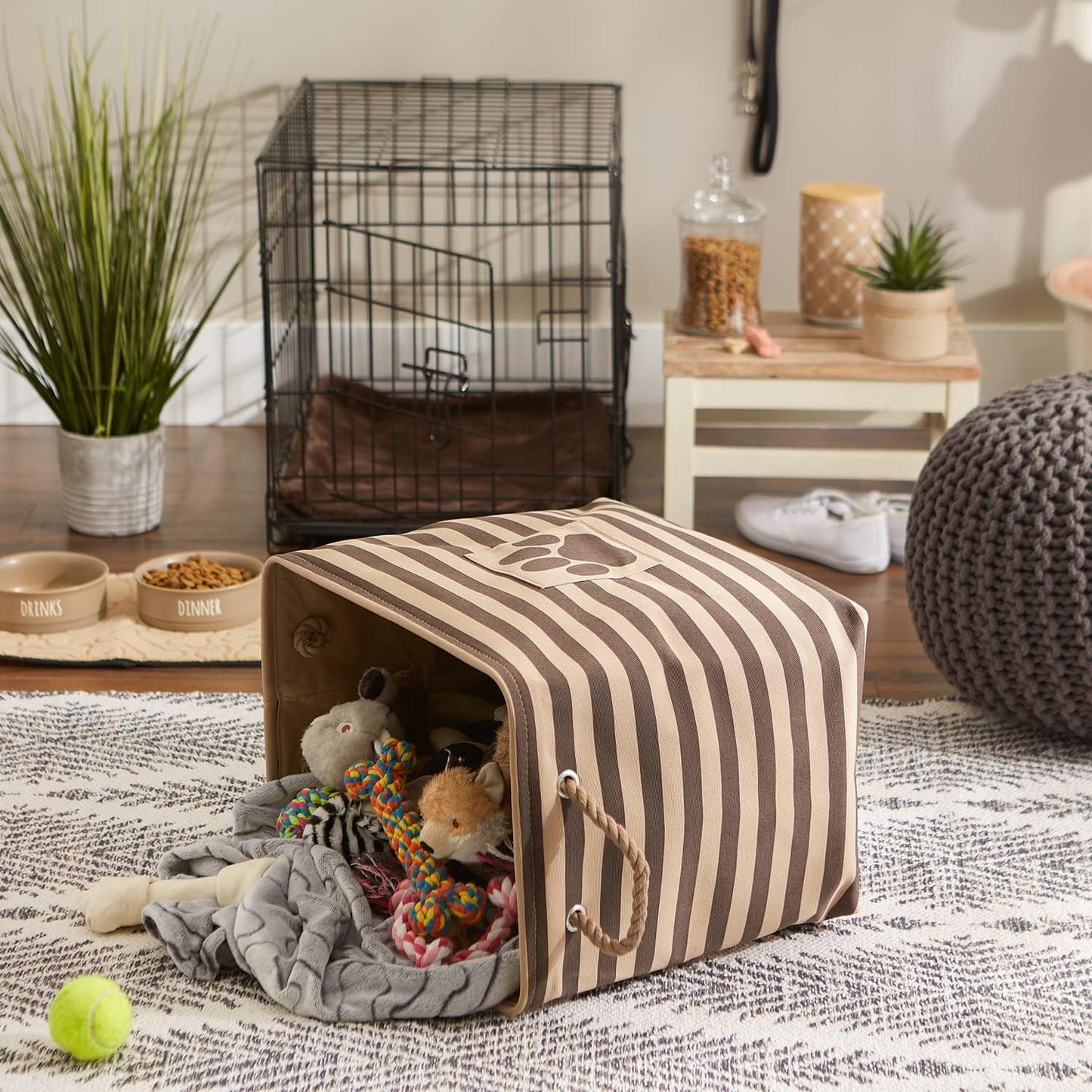 DII Bone Dry RoundSmall Pet Toy and Accessory Storage Bin, 12"(Dia) x9(H), Collapsible Organizer Storage Basket for Home Decor, Pet Toy, Blankets, Leashes and Food-Gray Stripes