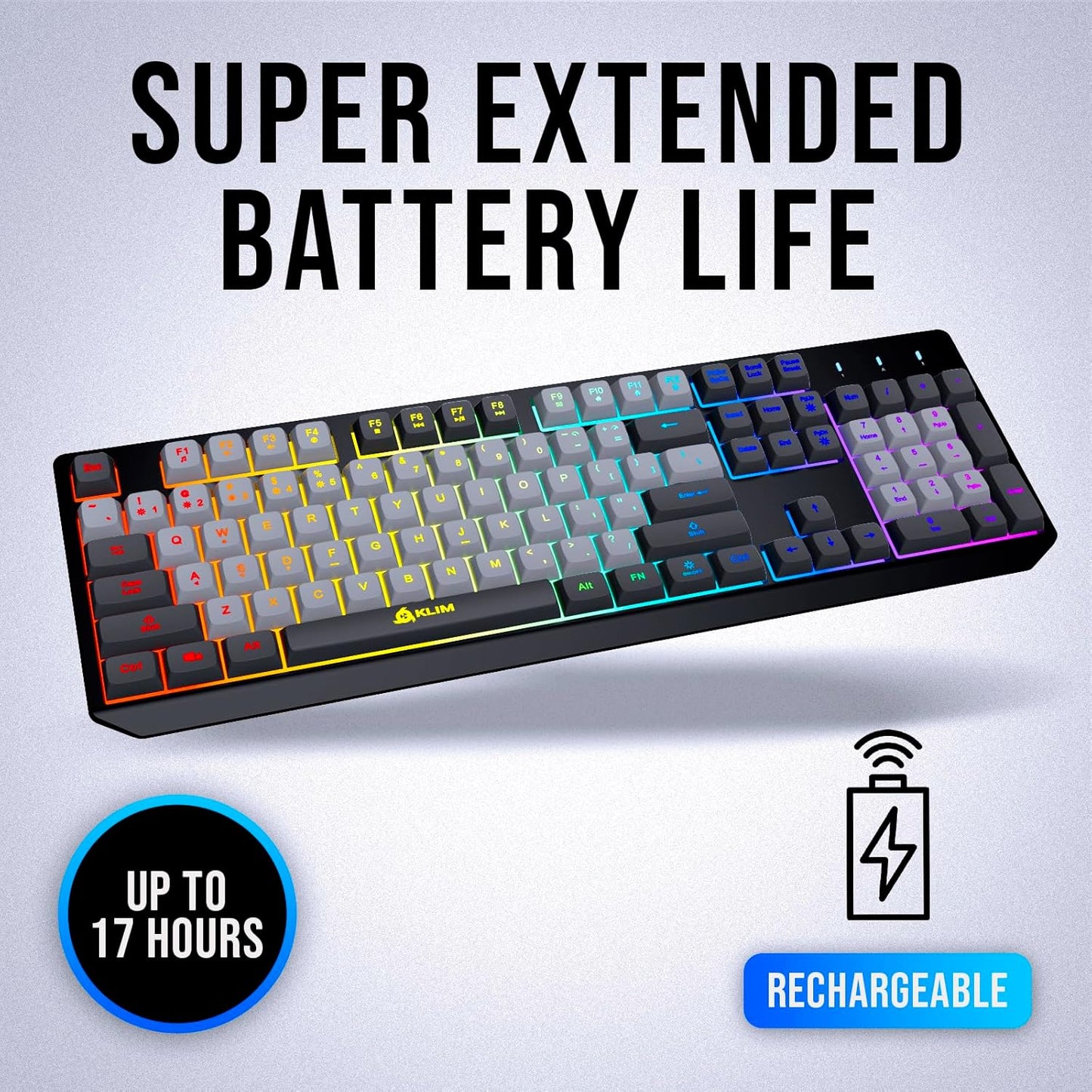 KLIM Chroma Wireless Gaming Keyboard RGB New - Long-Lasting Rechargeable Battery - Quick and Quiet Typing - Water Resistant Backlit Wireless Keyboard for PC PS5 PS4 Mac - Black