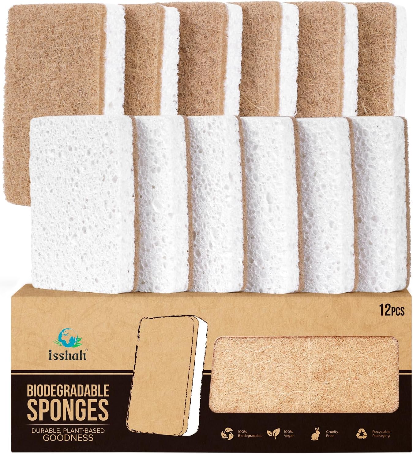 Isshah Plant-Based Kitchen Sponges - FSC Certified and PETA Approved, Natural, Eco-Friendly, Biodegradable Sisal Hemp Sponges for Dishes, Cleaning Sponge for Kitchen, Bathroom, Household - 12 Count