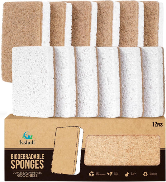 Isshah Plant-Based Kitchen Sponges - FSC Certified and PETA Approved, Natural, Eco-Friendly, Biodegradable Sisal Hemp Sponges for Dishes, Cleaning Sponge for Kitchen, Bathroom, Household - 12 Count - PuriLite