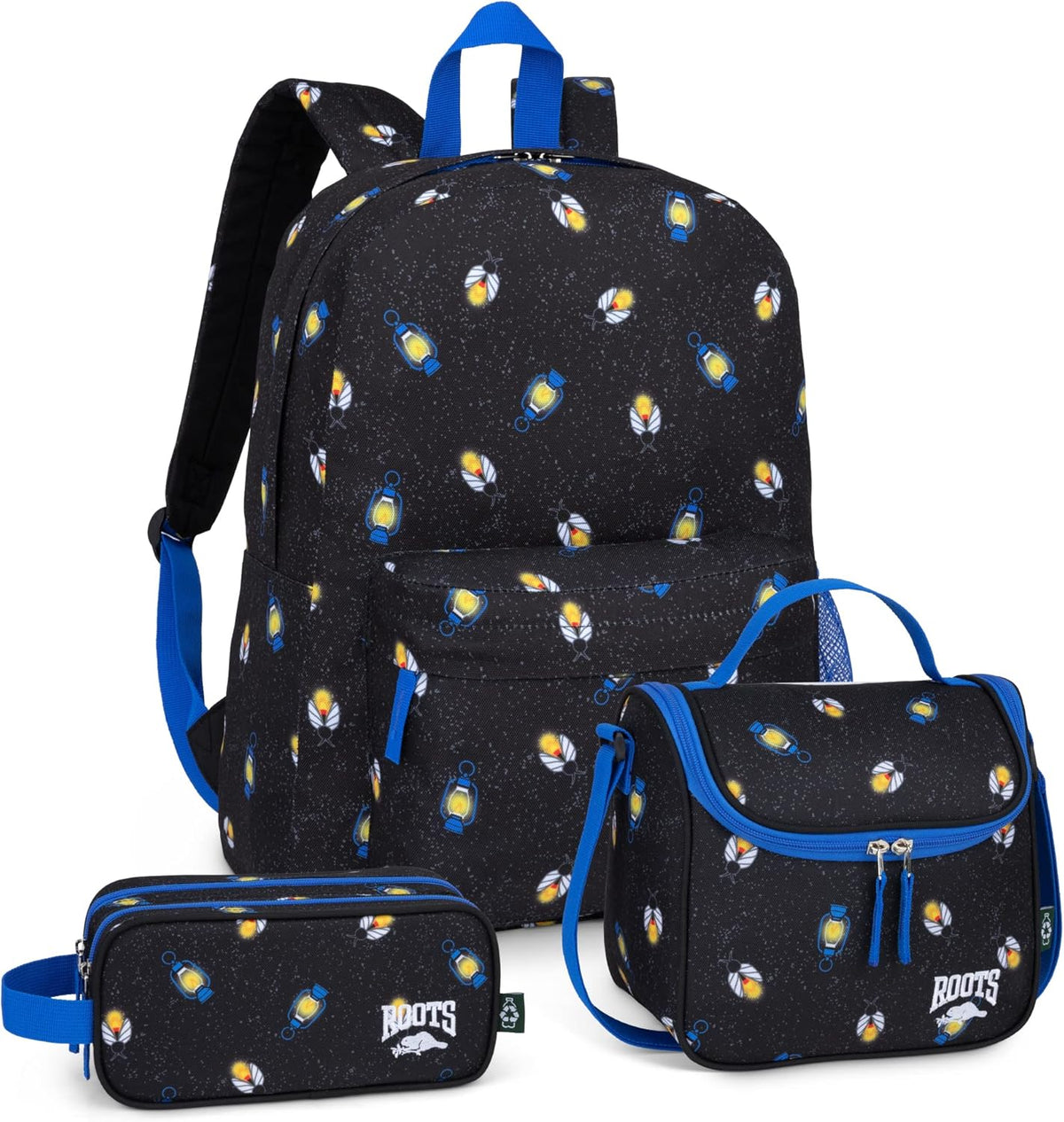 Roots Essential 3-in-1 Matching Water Resistant Kids Backpack and Lunch Bag Set with Bonus Pencil Case - Made From 100% Recycled Fabrics - 22.5 litres, Purple Pink Polka Dot - PuriLite