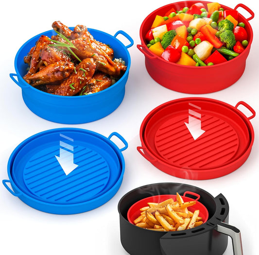 Collapsible Silicone Air Fryer Basket Liners Pot - AirFryer Liners Reusable Bowls for 3 to 5 qt - Air Fryer Accessories 2 Pack - Round Silicone Liners (Red & Blue)