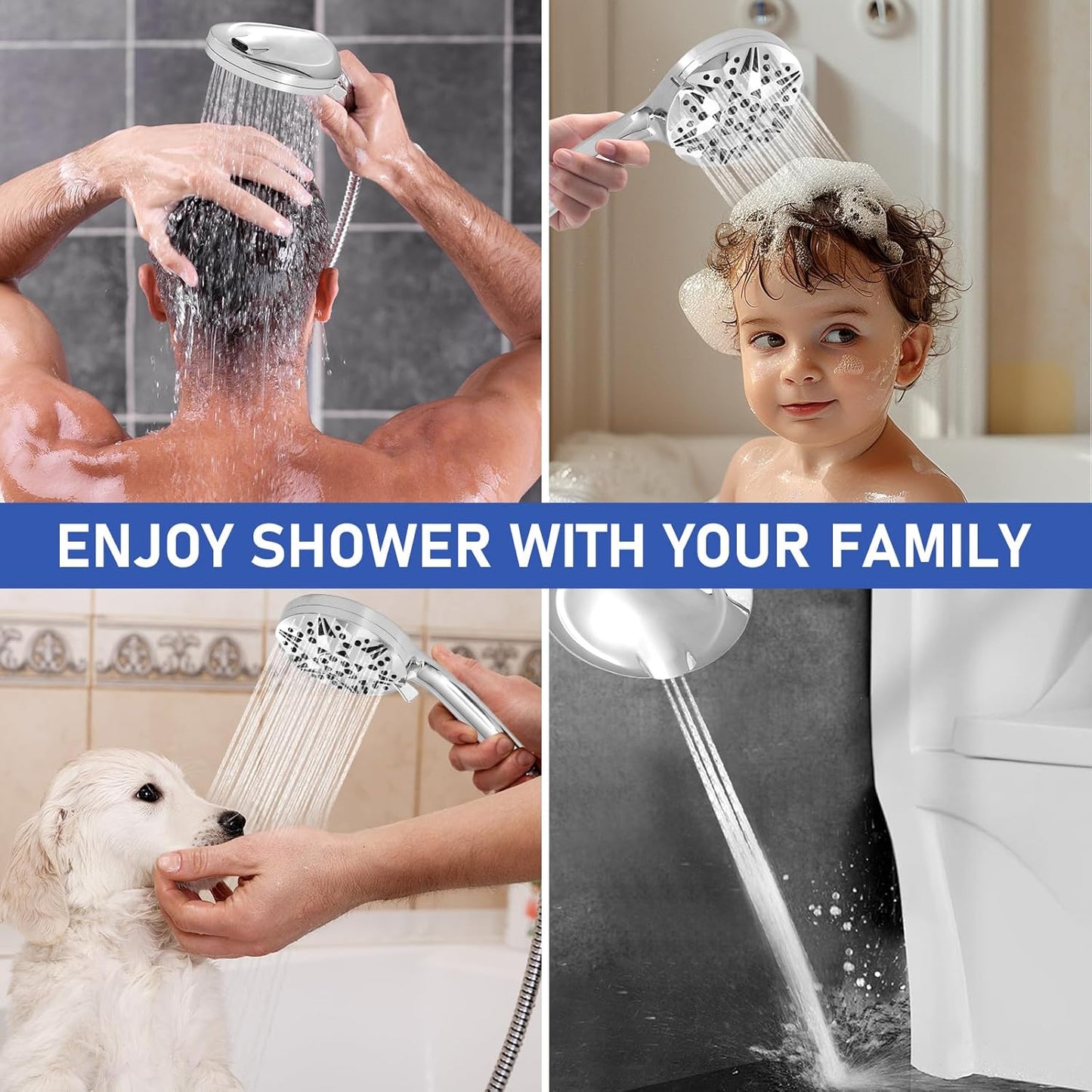 High Pressure Filtered Shower Head, Handheld Shower with 8-Mode Settings 2-Power Jet with Pause Switch, Ideal for Shower Cubicles, Tubs, and Pet Cleaning (Includes Hose & Bracket)