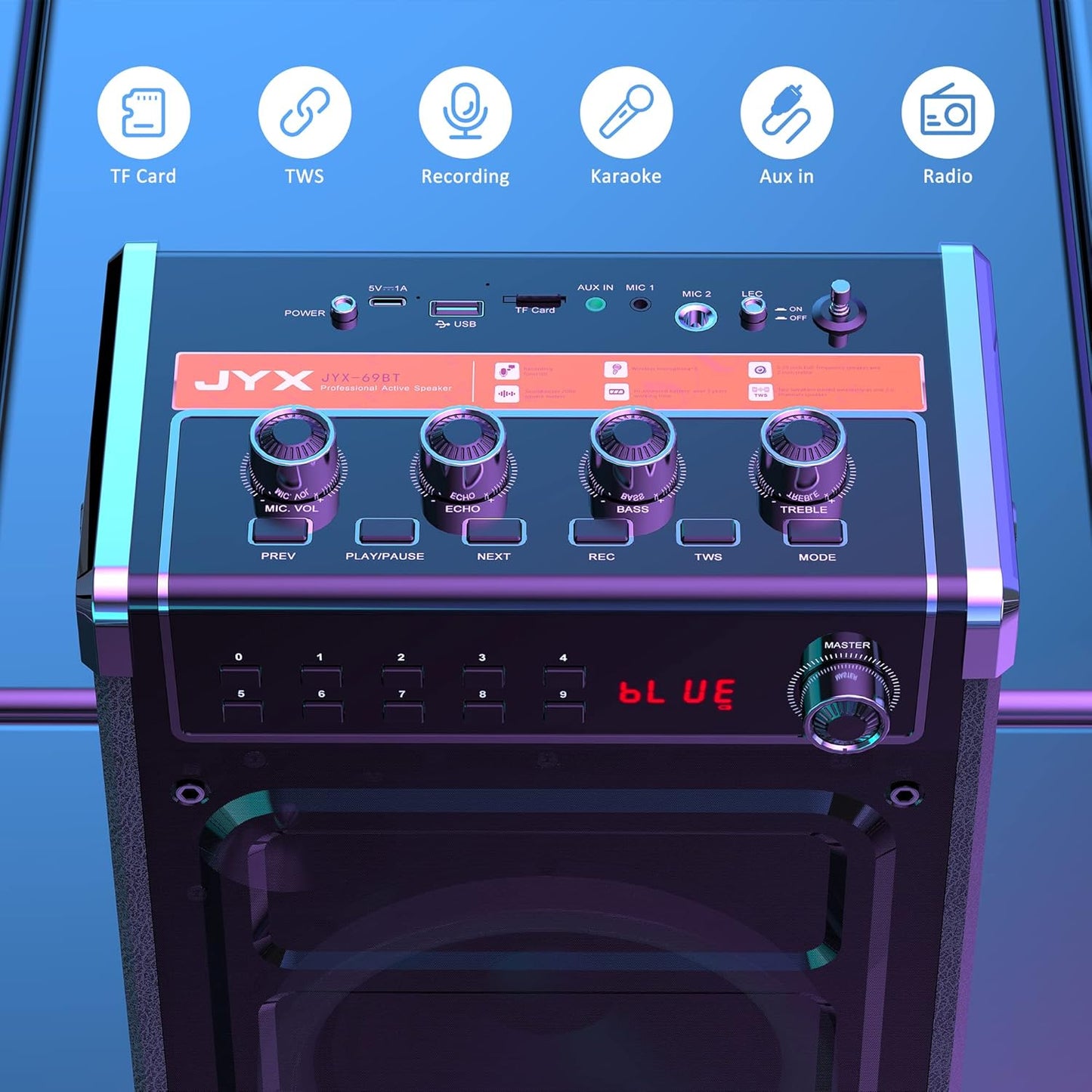 JYX Karaoke Machine with Two Wireless Microphones, Portable Bluetooth Speaker with Bass/Treble Adjustment, Remote Control and LED Lights, Supports TF Card/USB, AUX in, FM, REC for Party