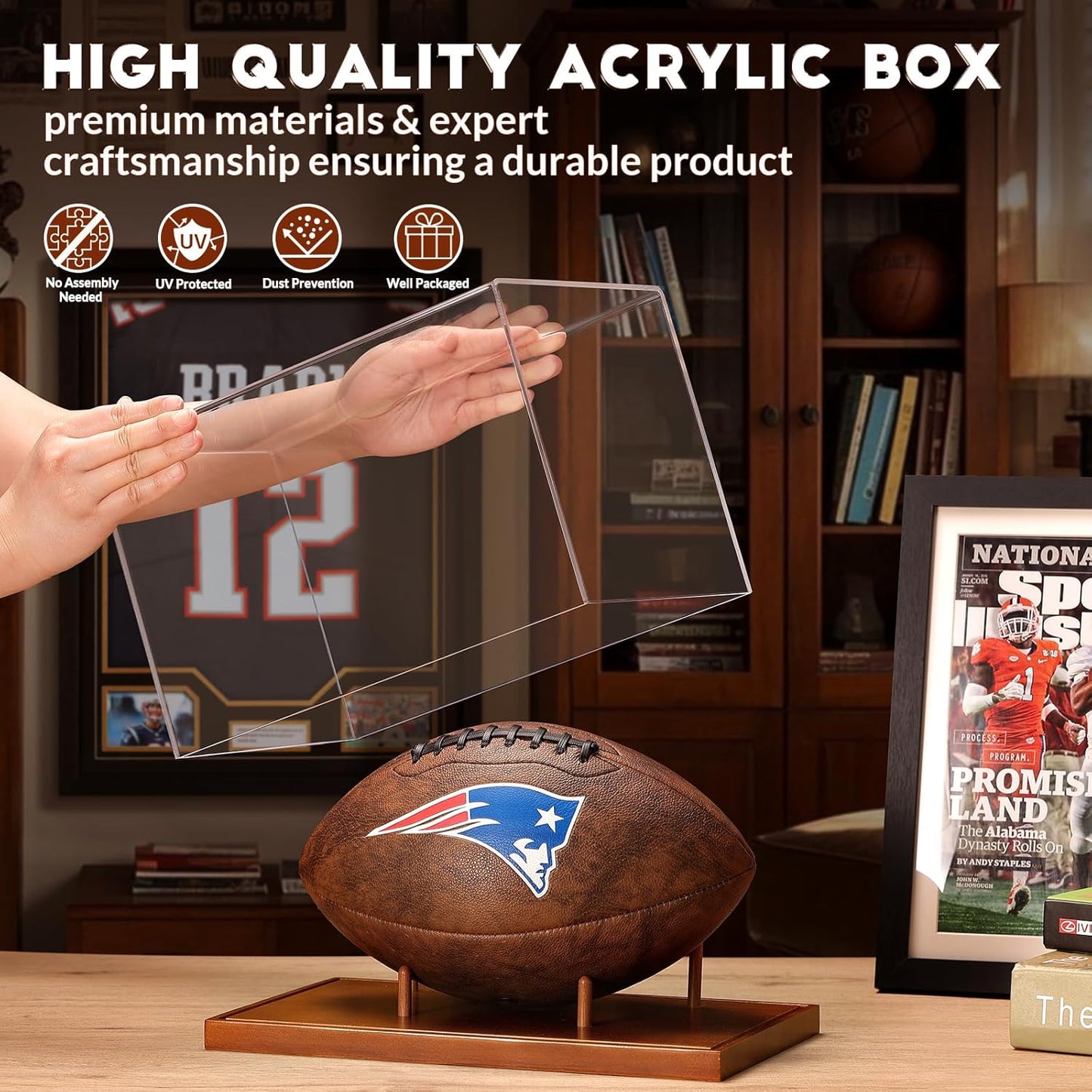 JupDec Baseball Display Case, Clear Cube Baseball Holder with Wooden Base, Autograph Baseball Stand Box for Single Ball, Acacia Wood, Brown, 1 Pack