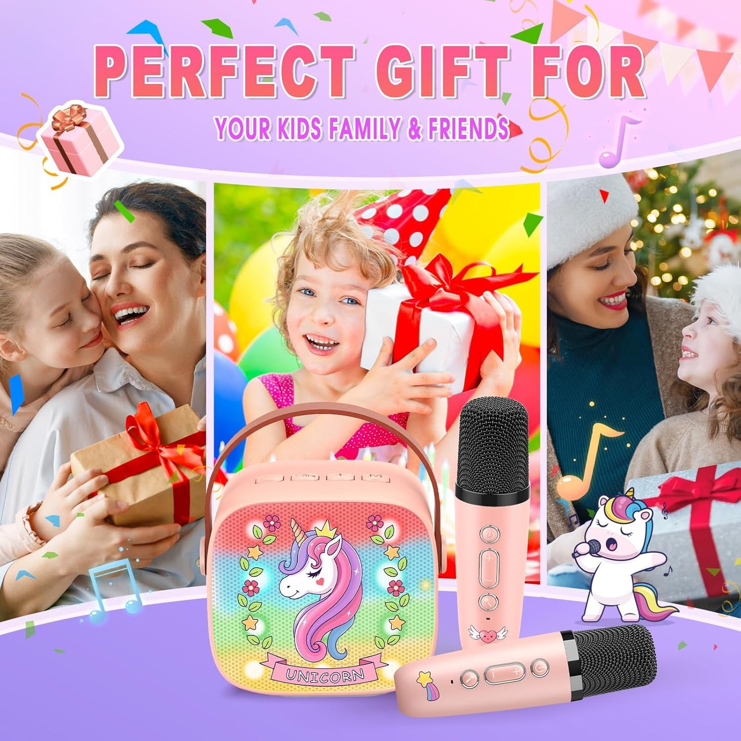 Mini Karaoke Machine for Kids, Exssary 3 4 5 6 7 8-12 Year Old Girl Gifts Portable Bluetooth Speaker with 2 Wireless Microphone Unicorn Toys Birthday Gifts for Girls Kids Teens (Pink)