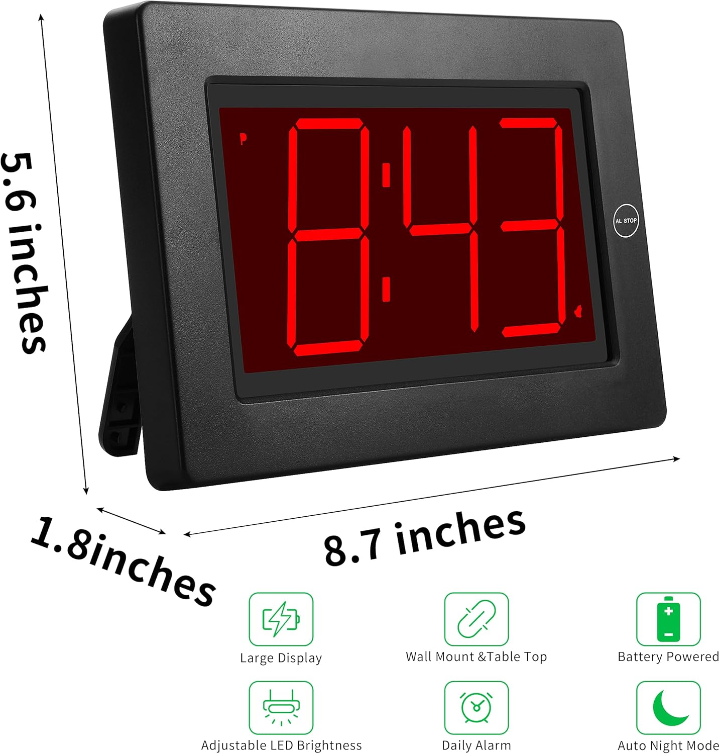 Wall Clock, Digital Clock, 8" Extra Large Display, 3" Big LED Number, Battery Operated, Adjustable Brightness, Clock for Bedroom, for Desk, Wall Mounted