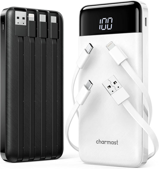 Charmast 2 Pack of Portable Chargers with Built in Cables, 2PCS Slim 10000mAh Travel Essentials Battery Pack 6 Outputs 3A Power Banks for iPhone Samsung Pixel LG Moto iPad (Black + White)