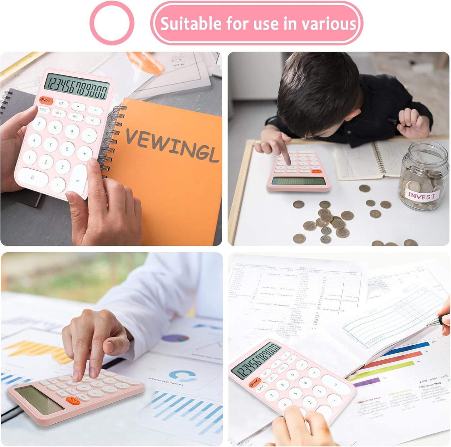 VEWINGL Mechanical Switch Calculator, 12 Digit Large LCD Display and Buttons, Great for Everyday Life and Basic Office Work, with Battery