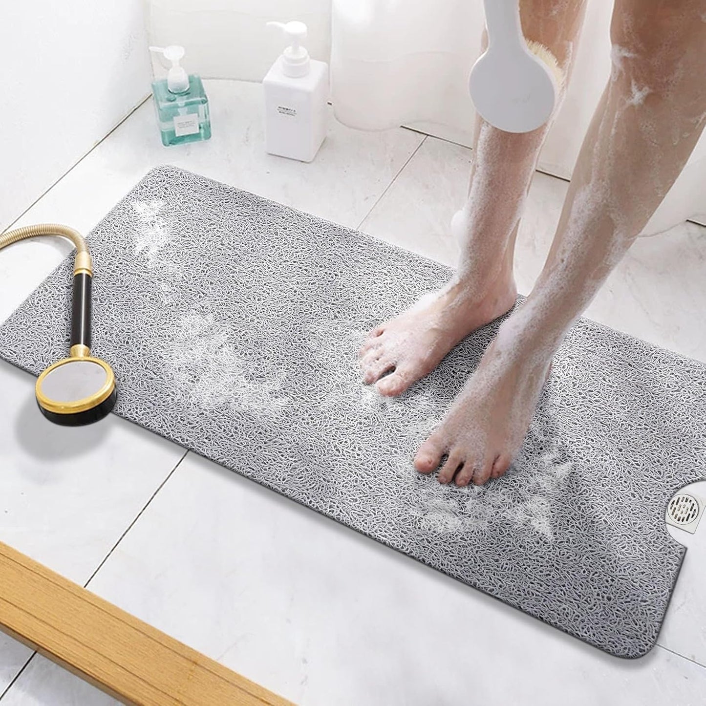 HITSLAM Shower Mat Non Slip, 24 x 16 Inch Bathtub Mat Non Slip with Drain, Soft PVC Loofah Bath Mat for Tub, Quick Drying Bathroom Shower Mat, Grey