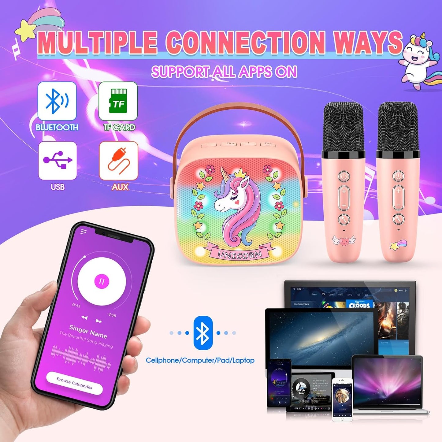 Mini Karaoke Machine for Kids, Exssary 3 4 5 6 7 8-12 Year Old Girl Gifts Portable Bluetooth Speaker with 2 Wireless Microphone Unicorn Toys Birthday Gifts for Girls Kids Teens (Pink)