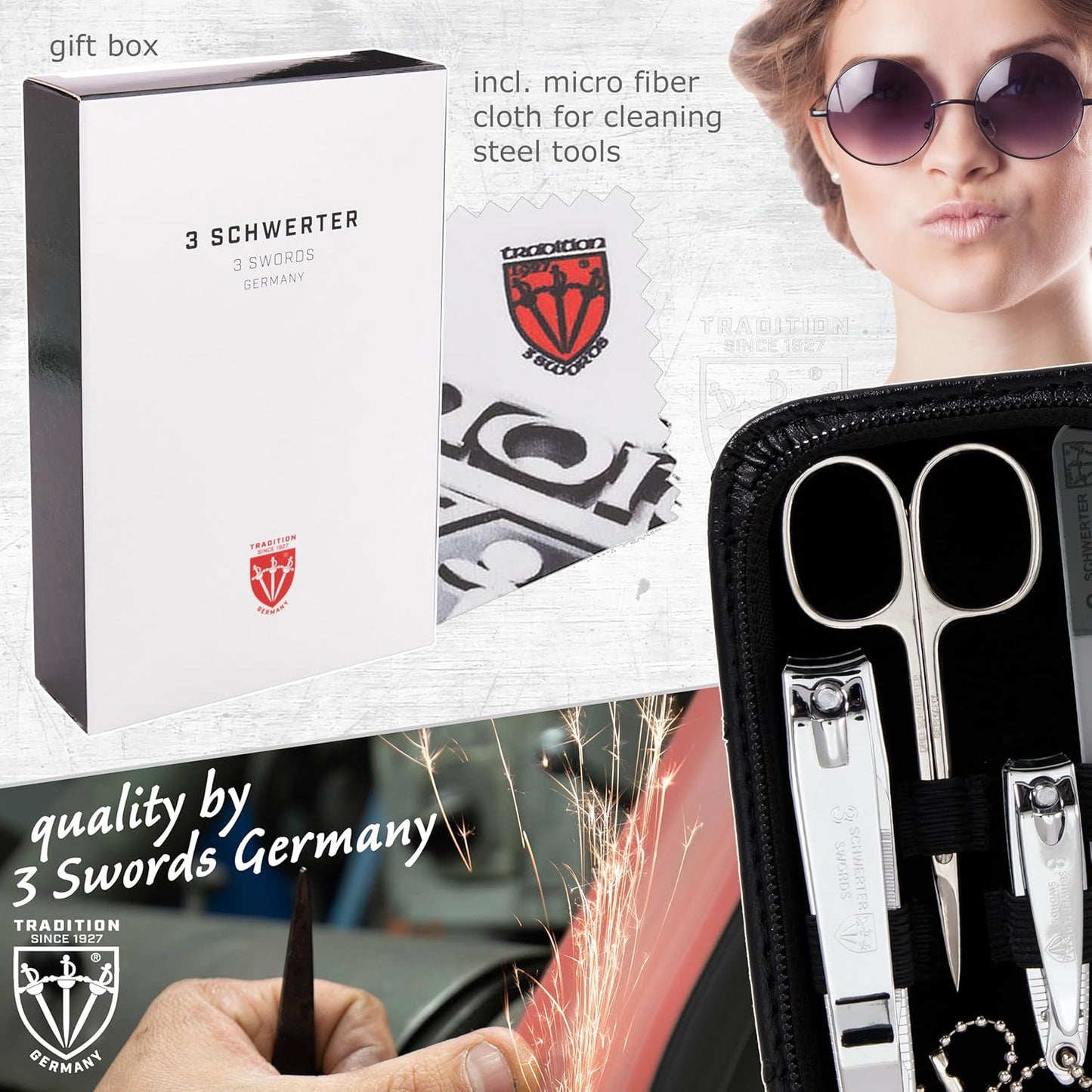 3 Swords Germany - brand quality 8 piece manicure pedicure grooming kit set for professional finger & toe nail care scissors clipper fashion leather case camou in gift box, Made in Germany