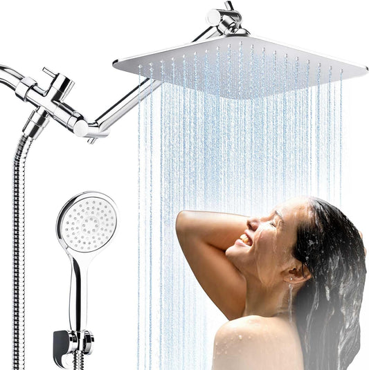 COSYLAND Rain Shower Head with Handheld - 304 Stainless Steel High Pressure 8 inch Square Rainfall Showerhead Combo with 5 Spray Mode 11 inch Extension Adjustable Arm & 60 inch Hose - Chrome