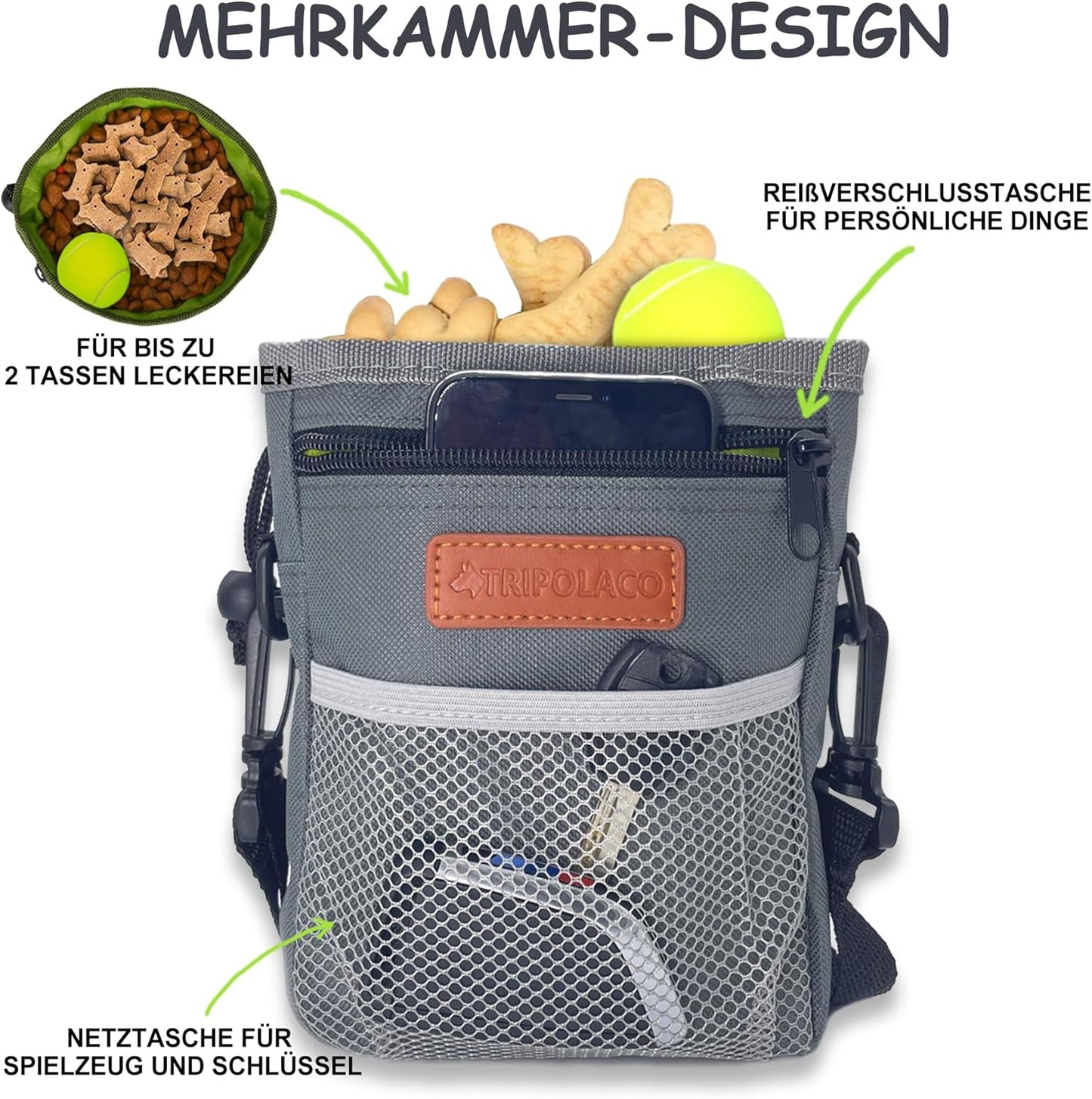 TRIPOLACO Dog Treat Pouch, Large Treat Pouches for Pet Training with Multiple Pockets, Built-in Poop Bag Dispenser & Phone Holder, 3 Wear Styles, Ideal Dog Treat Bag for Training & Walks