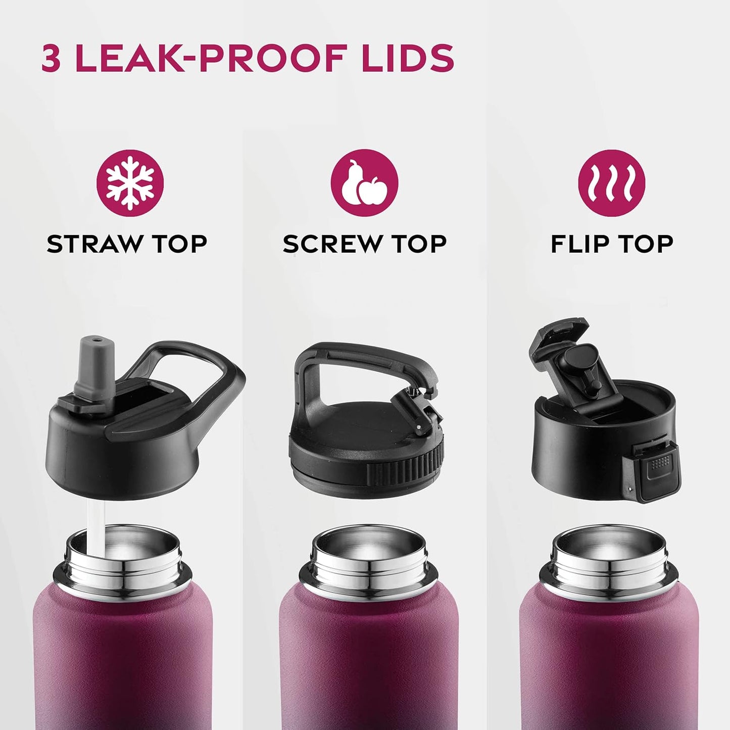 FineDine Water Bottle - Stainless Steel Insulated Water Bottle with Straw Lid, Flip Lid & Wide-Mouth Cap - Keeps Hot and Cold - 25 Oz / 739ml - Pure Pearly White