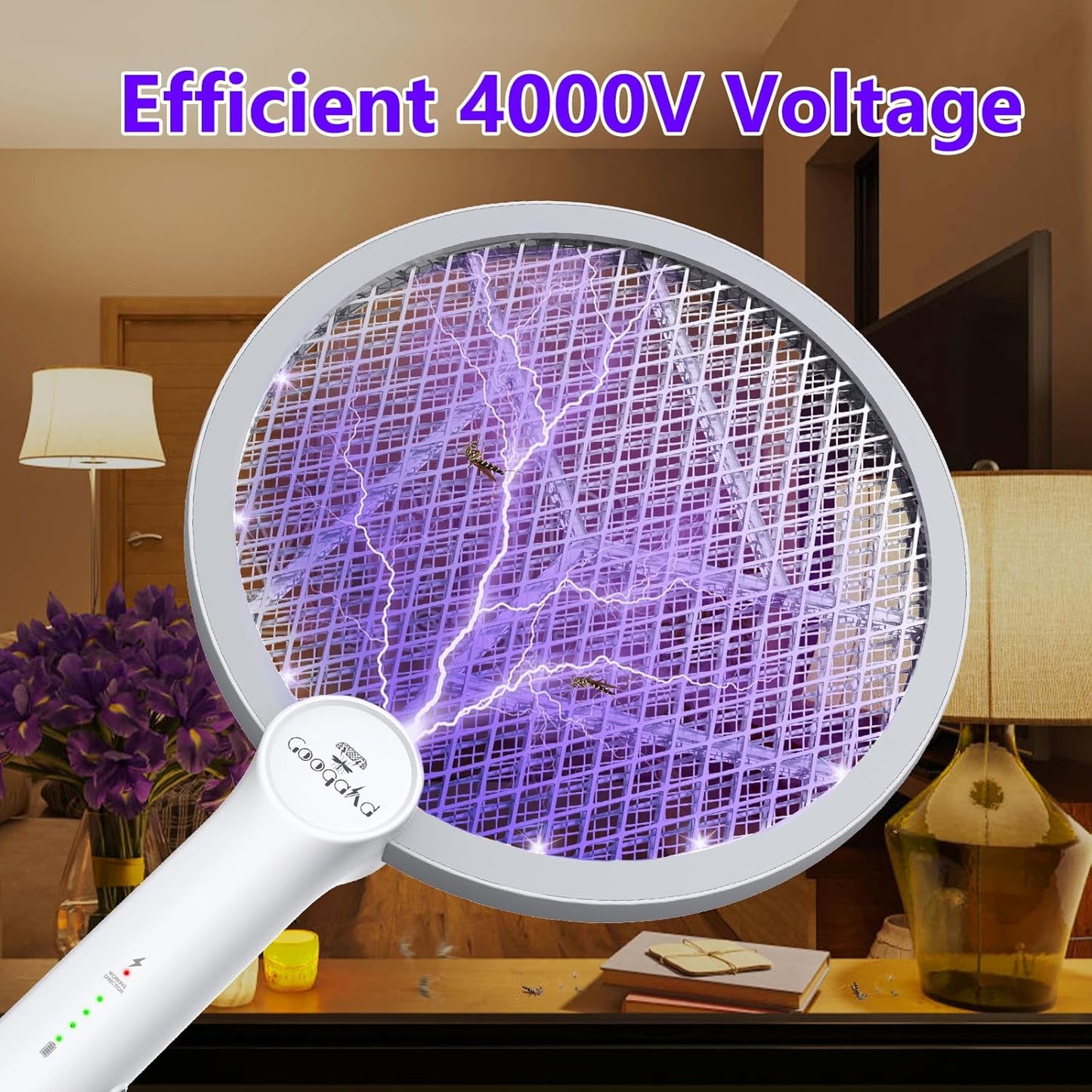 Gooqand Bug Zapper Racket, 2 in 1 Electric Fly Swatte with 3 Layer Safety Mesh, 4000V Fly Zapper with USB Rechargeable, Indoor Outdoor Fly Racket for Bedroom, Kitchen, Camping
