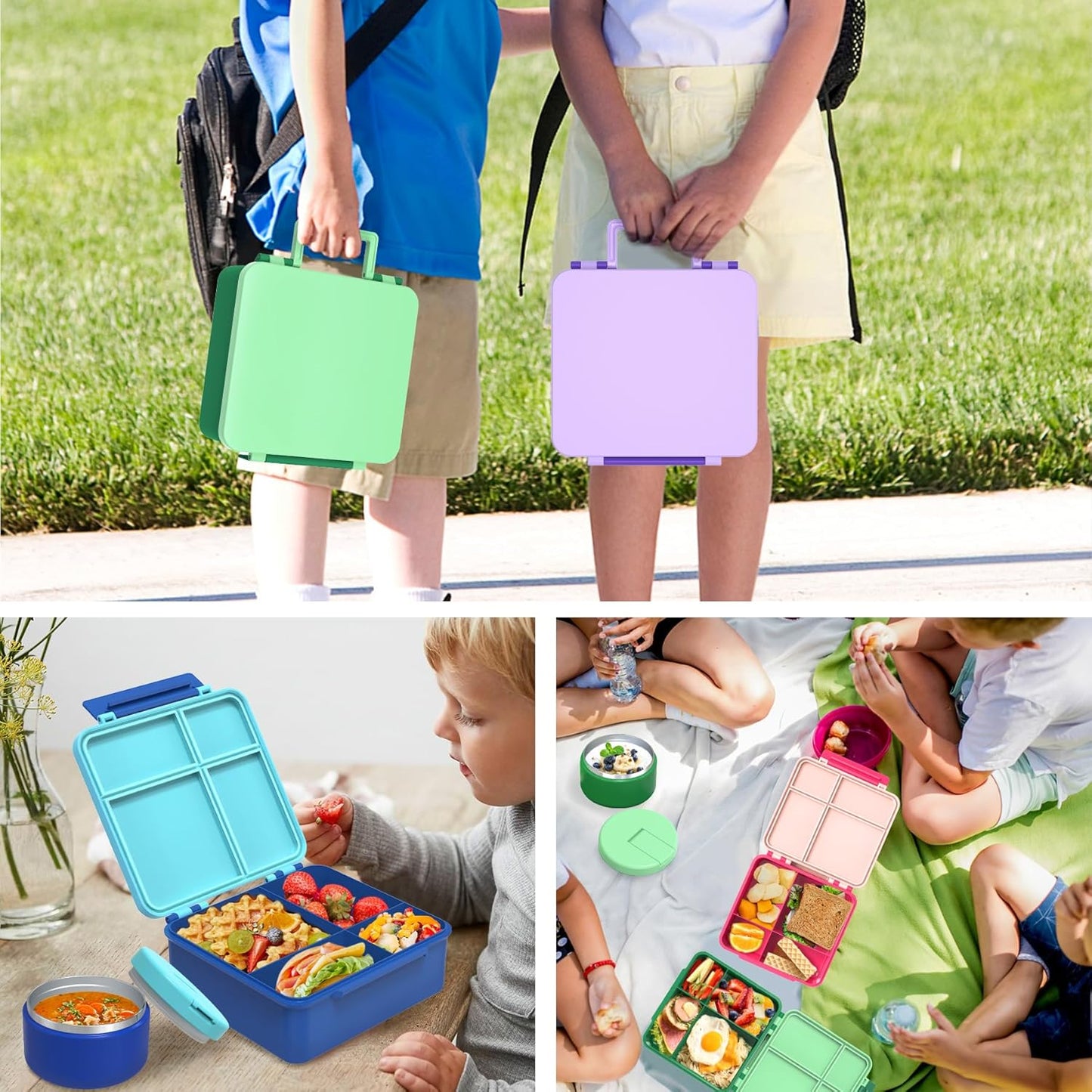 Bento Lunch Box for Kid with 7oz Soup Jar, Leak-Proof Lunch Box with Cutlery, 4-Compartments Lunch Container for School Outdoors Office