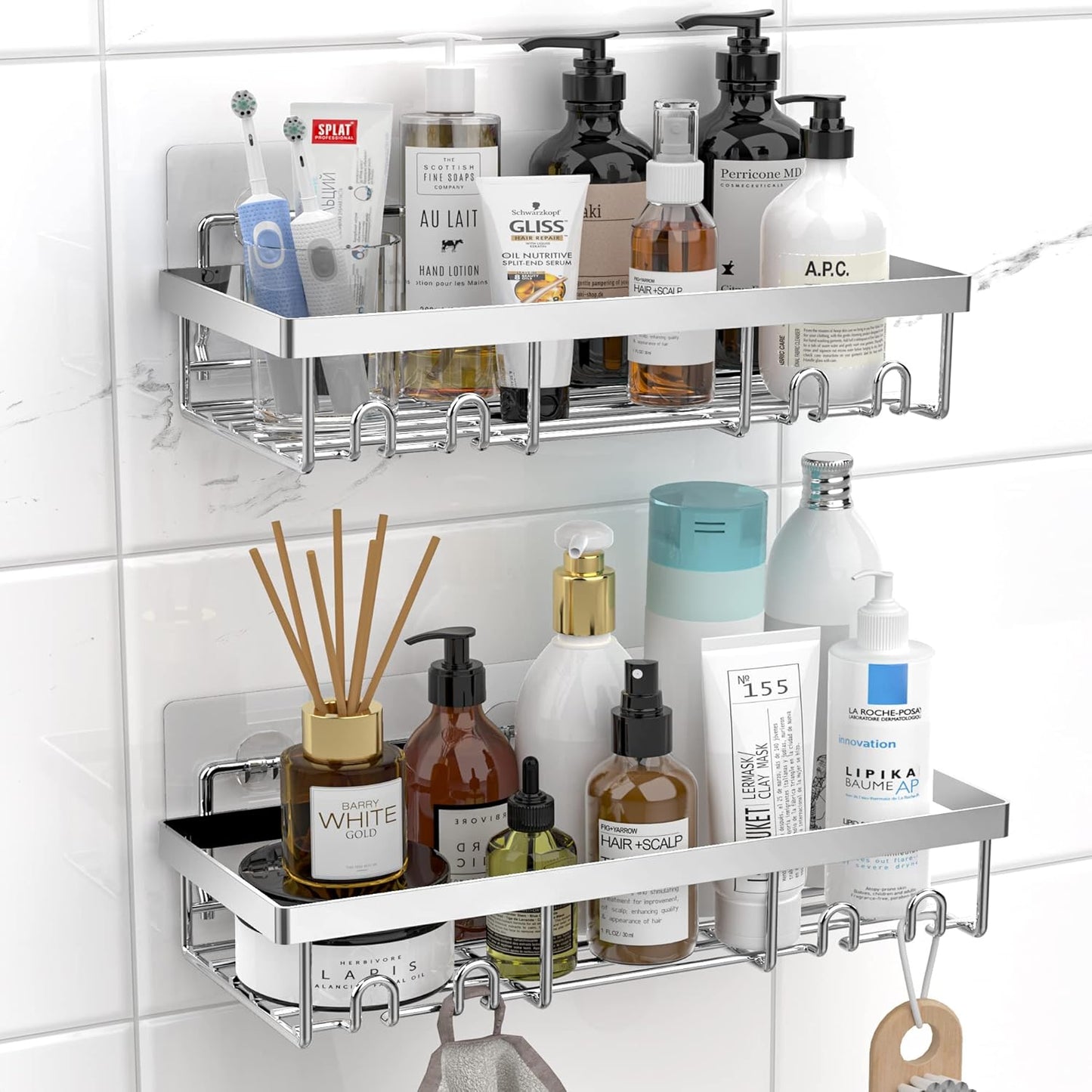 Moforoco Shower Caddy Shelf Organizer Rack, Self Adhesive Black Bathroom Shelves Basket, Home Farmhouse Wall Shower Inside Organization and Storage Decor Rv Accessories, First Apartment Essentials