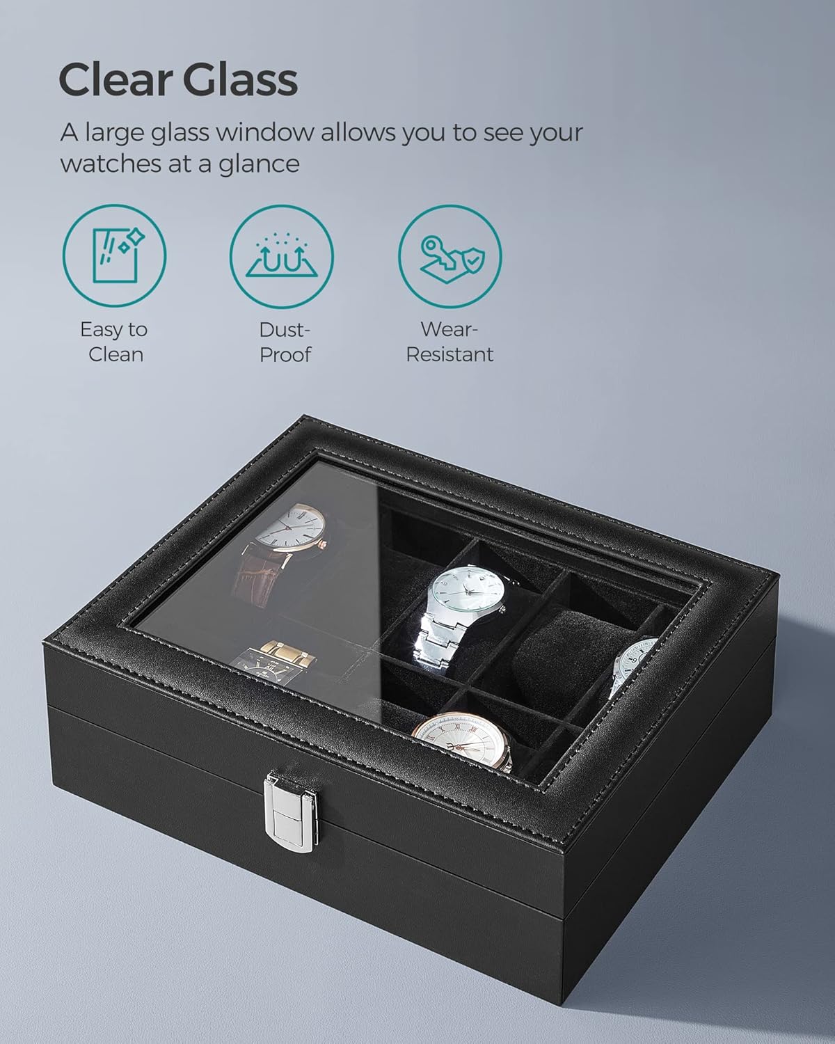 SONGMICS Watch Box, 6-Slot Watch Case, Watch Box Organizer, Black Synthetic Leather, Greenish Gray Lining UJWB06BK