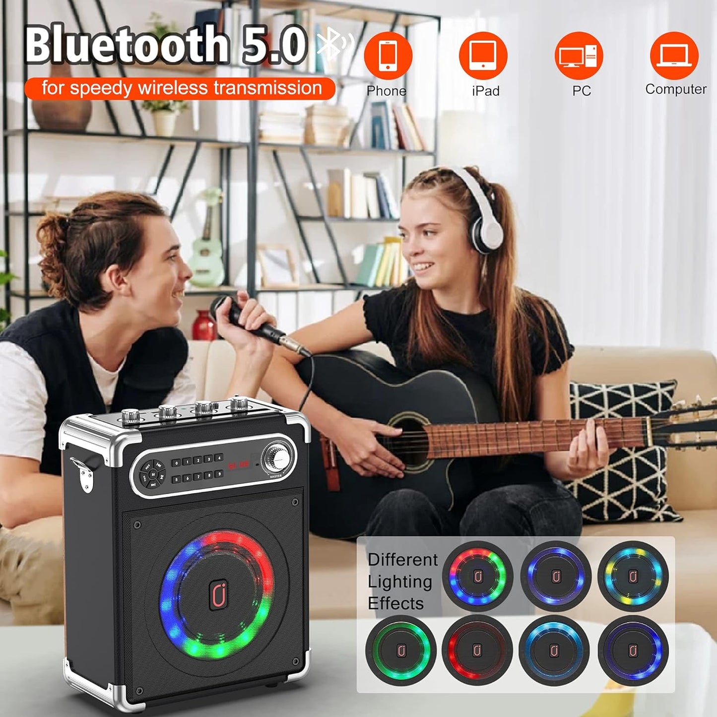 JYX Karaoke Machine with Two Wireless Microphones, Portable Bluetooth Speaker with Bass/Treble Adjustment, Remote Control and LED Lights, Supports TF Card/USB, AUX in, FM, REC for Party