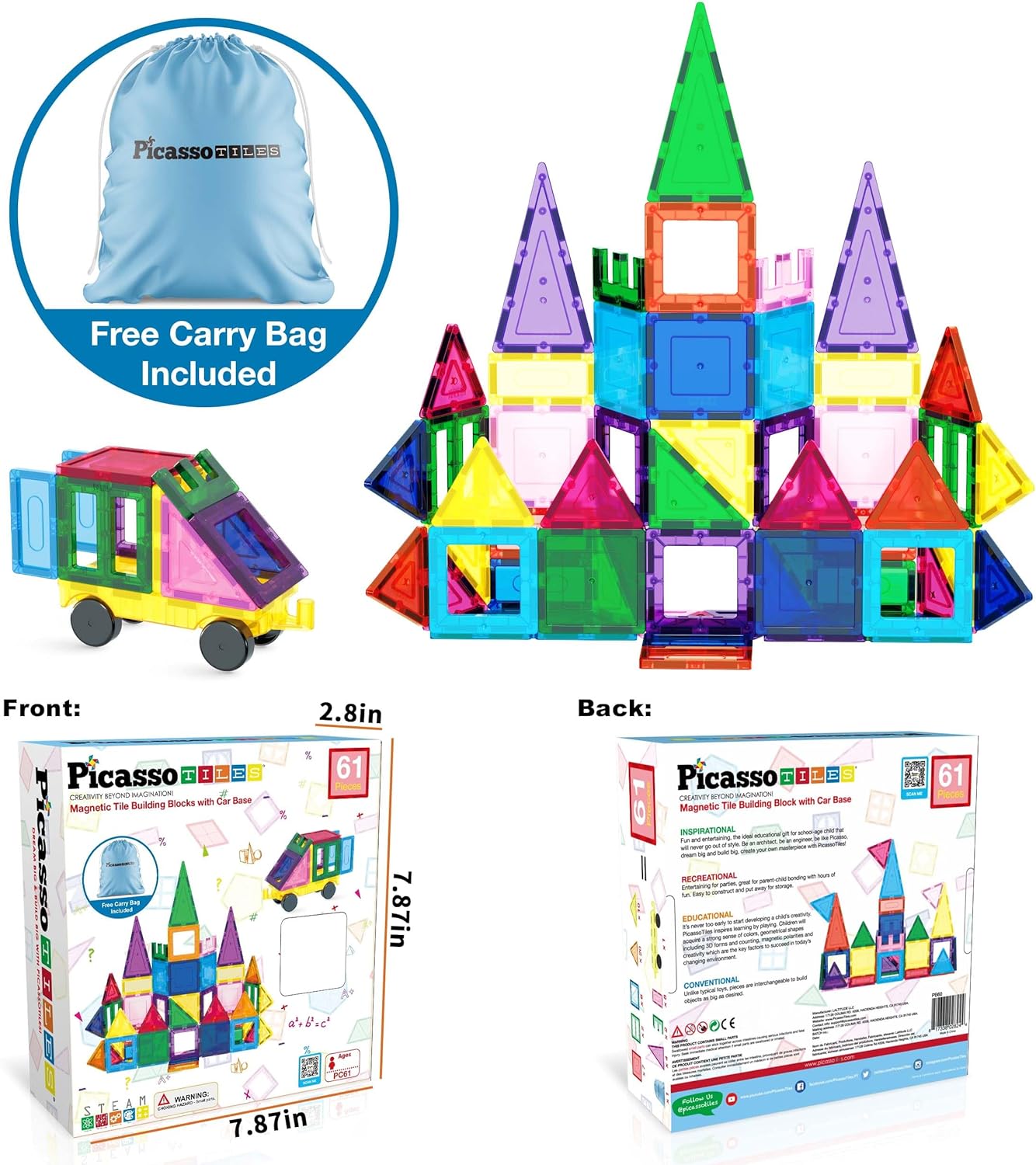 PicassoTiles 100 Piece Set 100pcs Magnet Building Tiles Clear Magnetic 3D Building Blocks Construction Playboards, Creativity beyond Imagination, Inspirational, Recreational, Educational Conventional