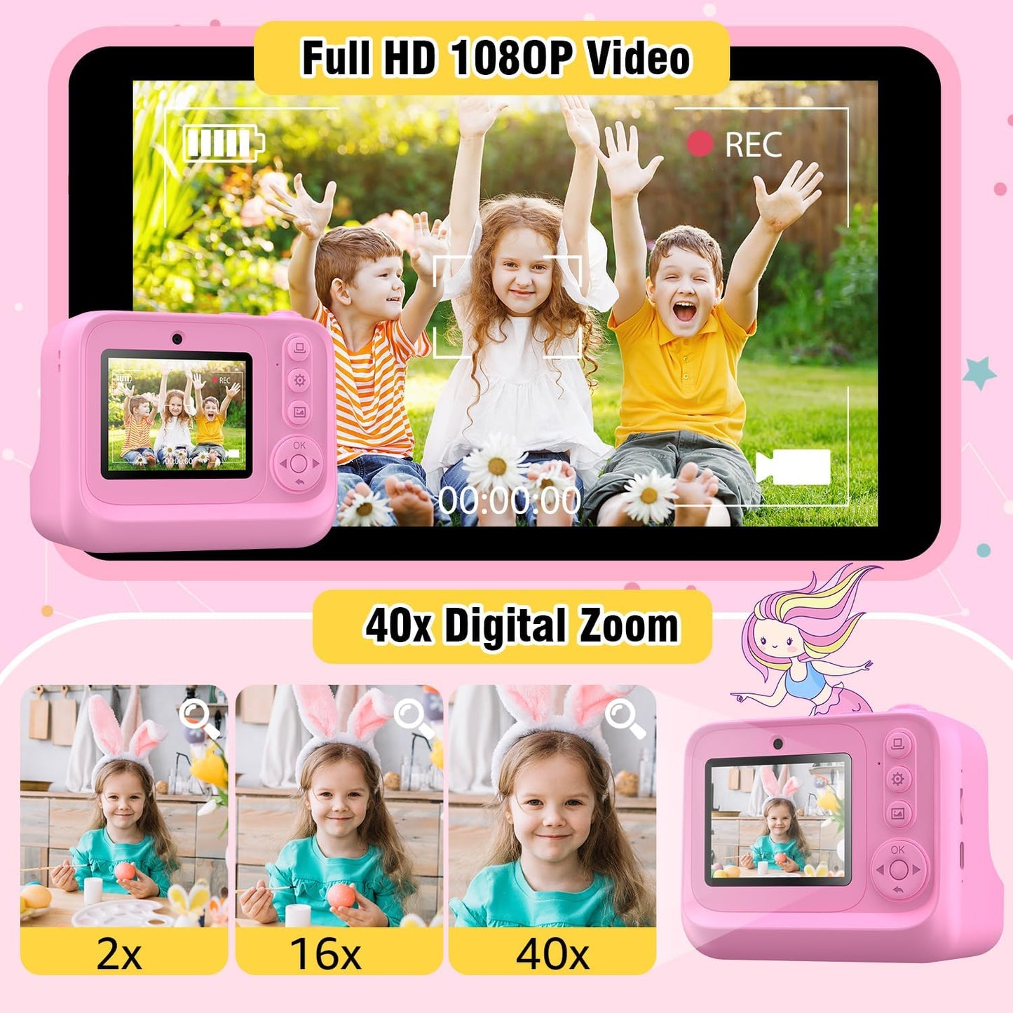 Instant Print Camera for Kids Age 3-12 Girls Boys 1080P Selfie HD Digital Video Cameras with 6 Print Paper & 32G Card Toddler Portable Travel Toys Camera for Christmas Birthday Gifts